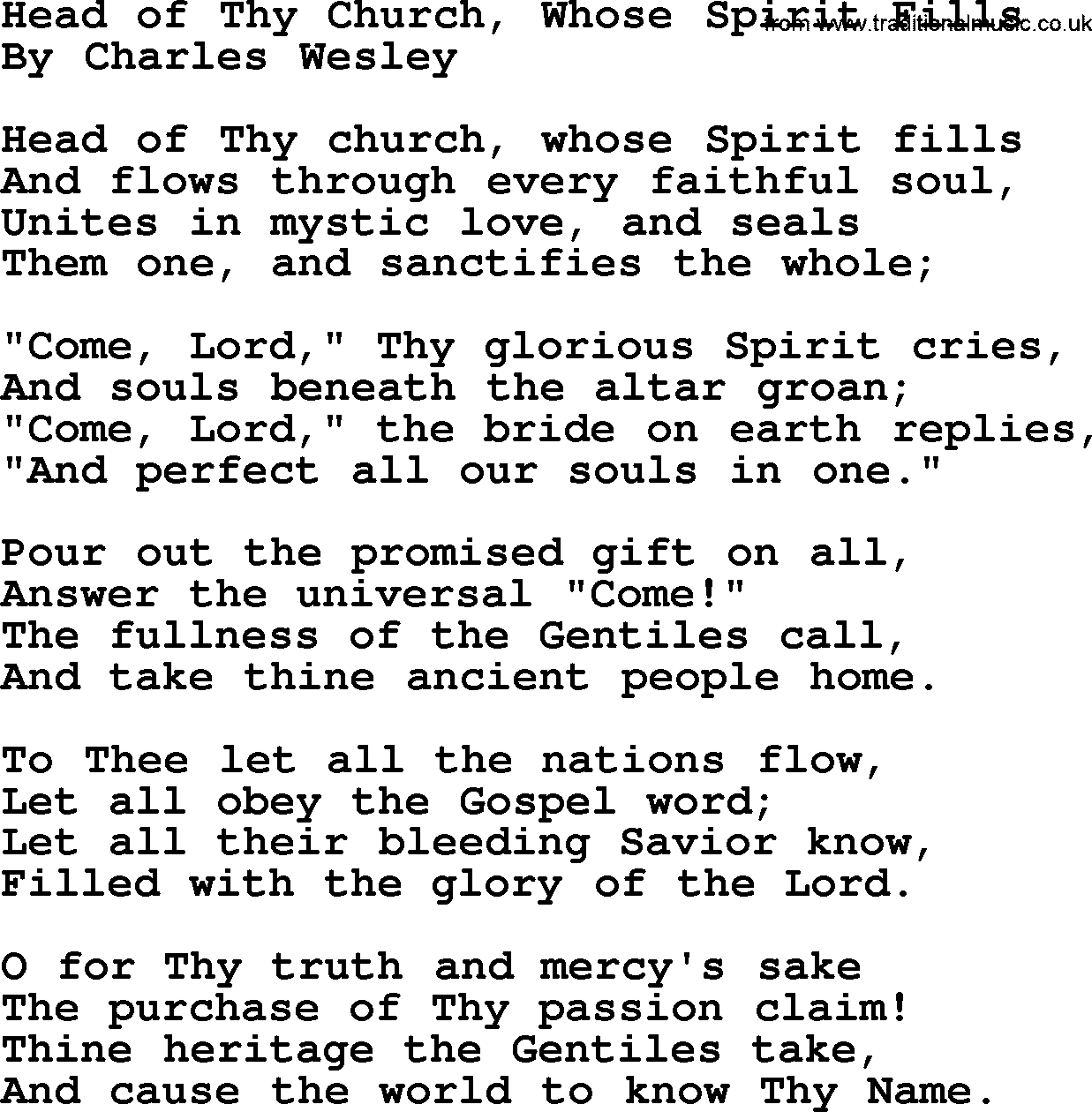 Charles Wesley hymn: Head Of Thy Church, Whose Spirit Fills, lyrics