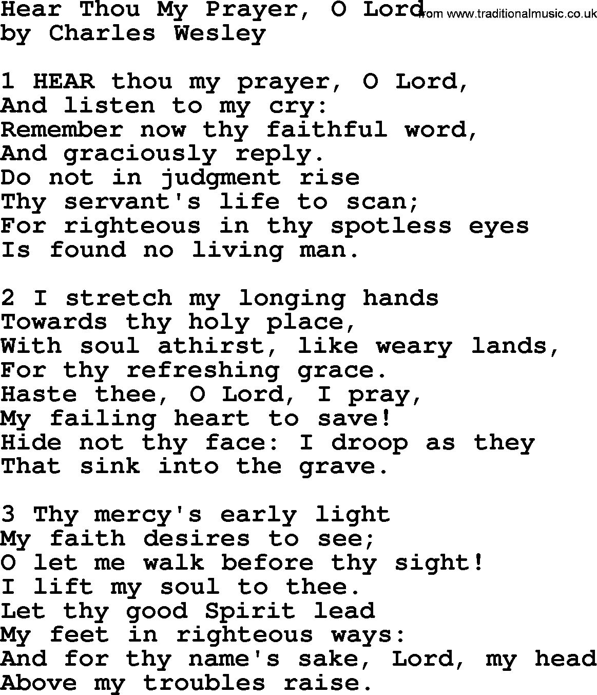 Charles Wesley hymn: Hear Thou My Prayer, O Lord, lyrics
