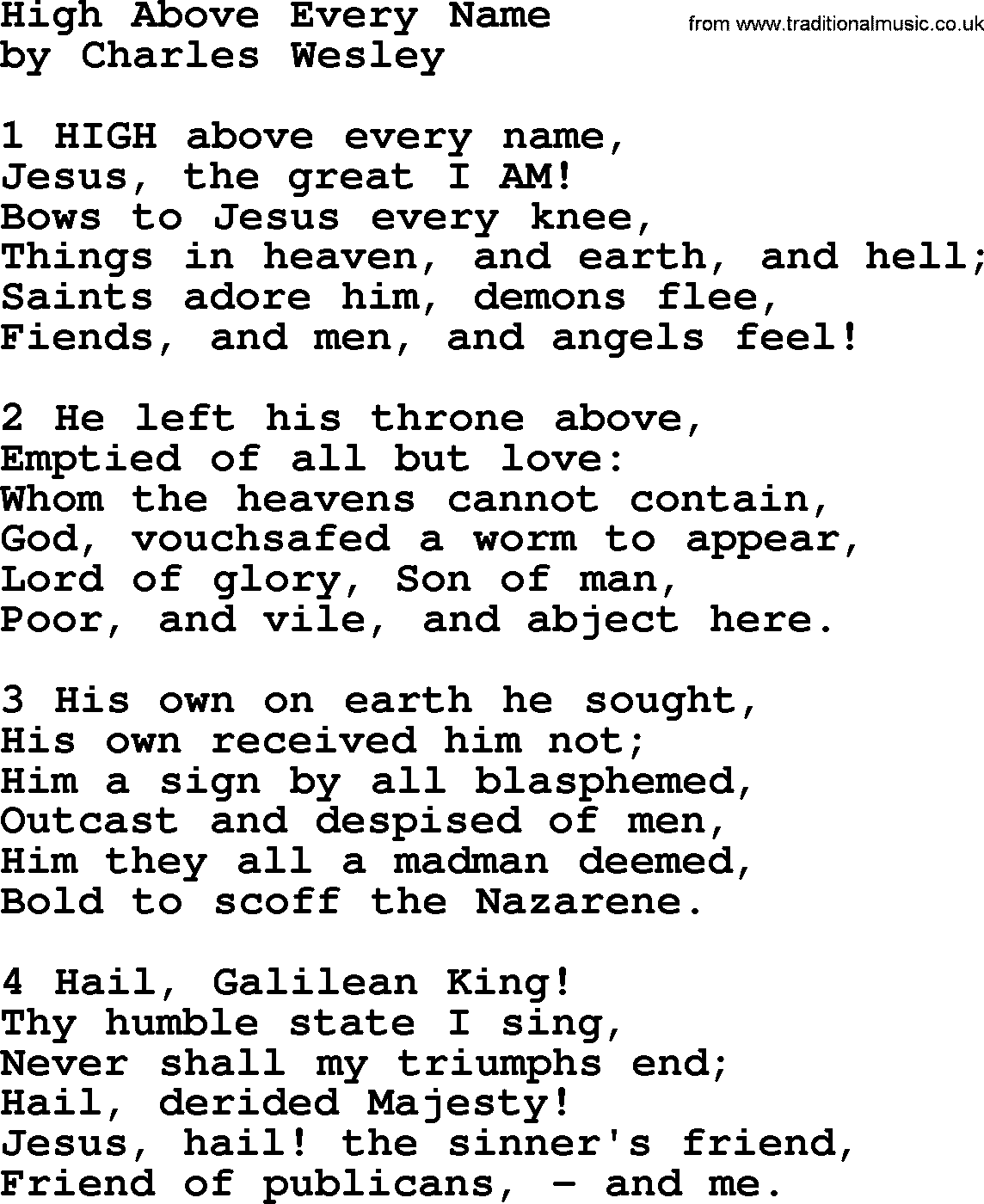 Charles Wesley hymn: High Above Every Name, lyrics