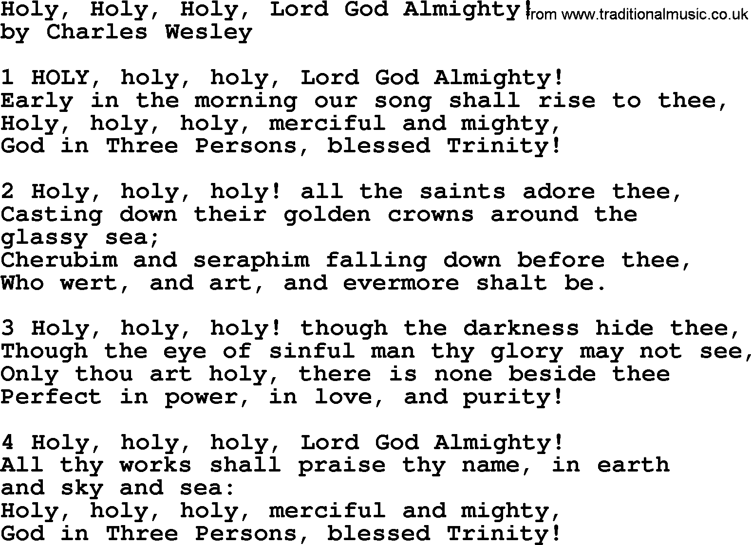 Charles Wesley hymn: Holy, Holy, Holy, Lord God Almighty!, lyrics