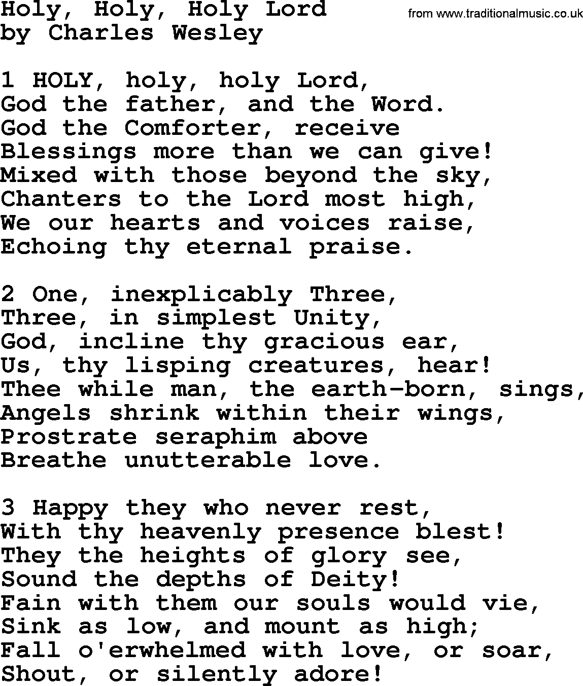 Charles Wesley hymn: Holy, Holy, Holy Lord, lyrics