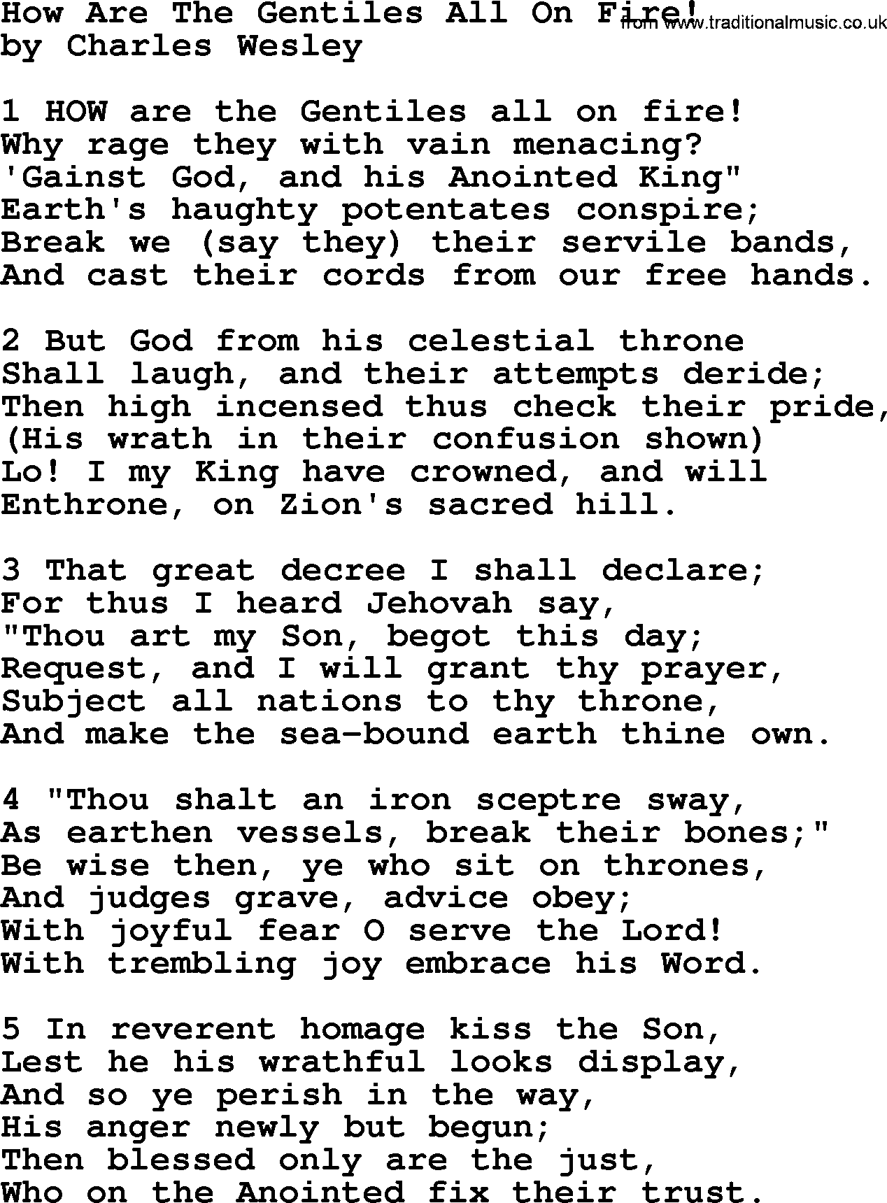 Charles Wesley hymn: How Are The Gentiles All On Fire!, lyrics