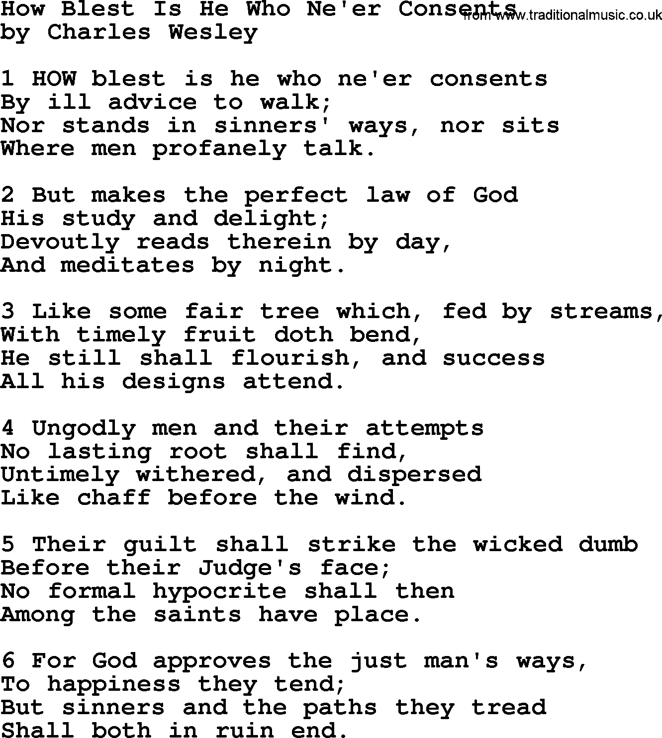 Charles Wesley hymn: How Blest Is He Who Ne'er Consents, lyrics