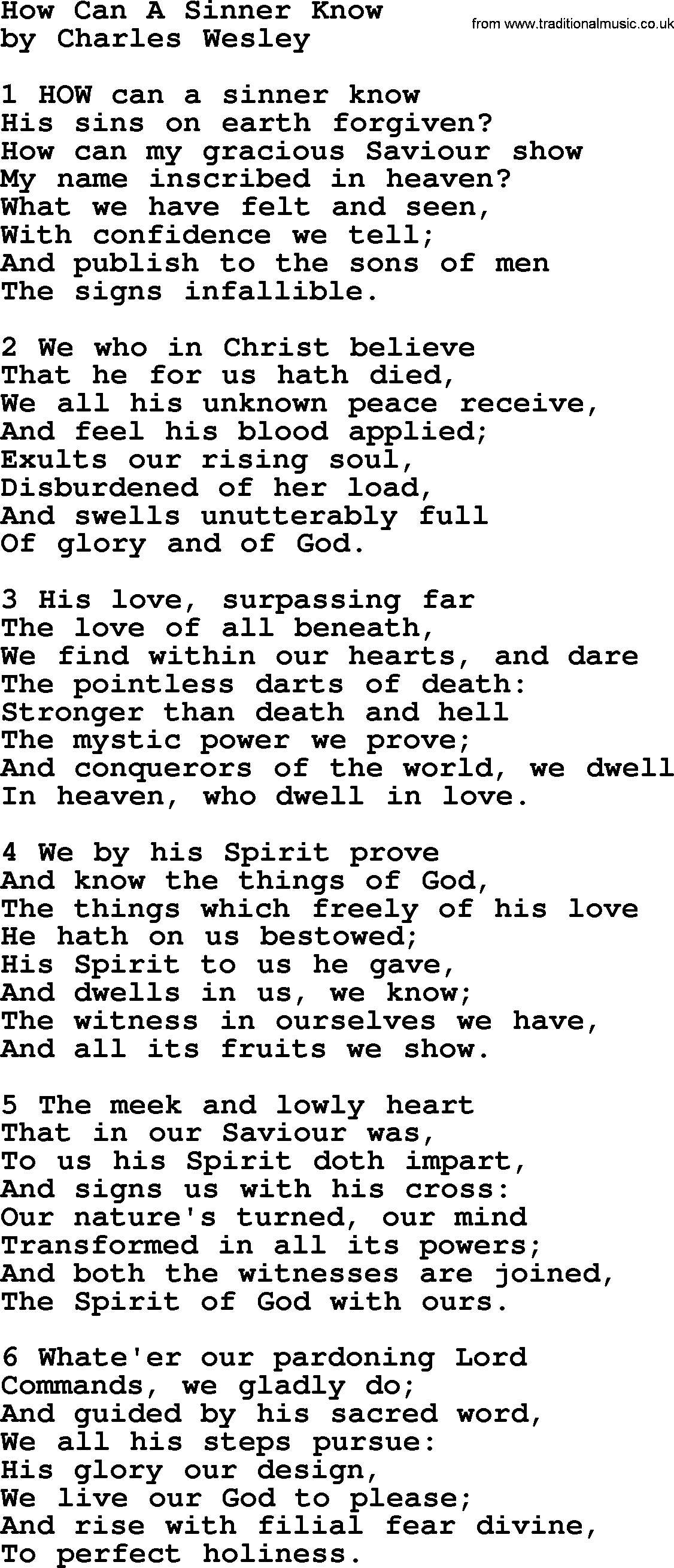 Charles Wesley hymn: How Can A Sinner Know, lyrics