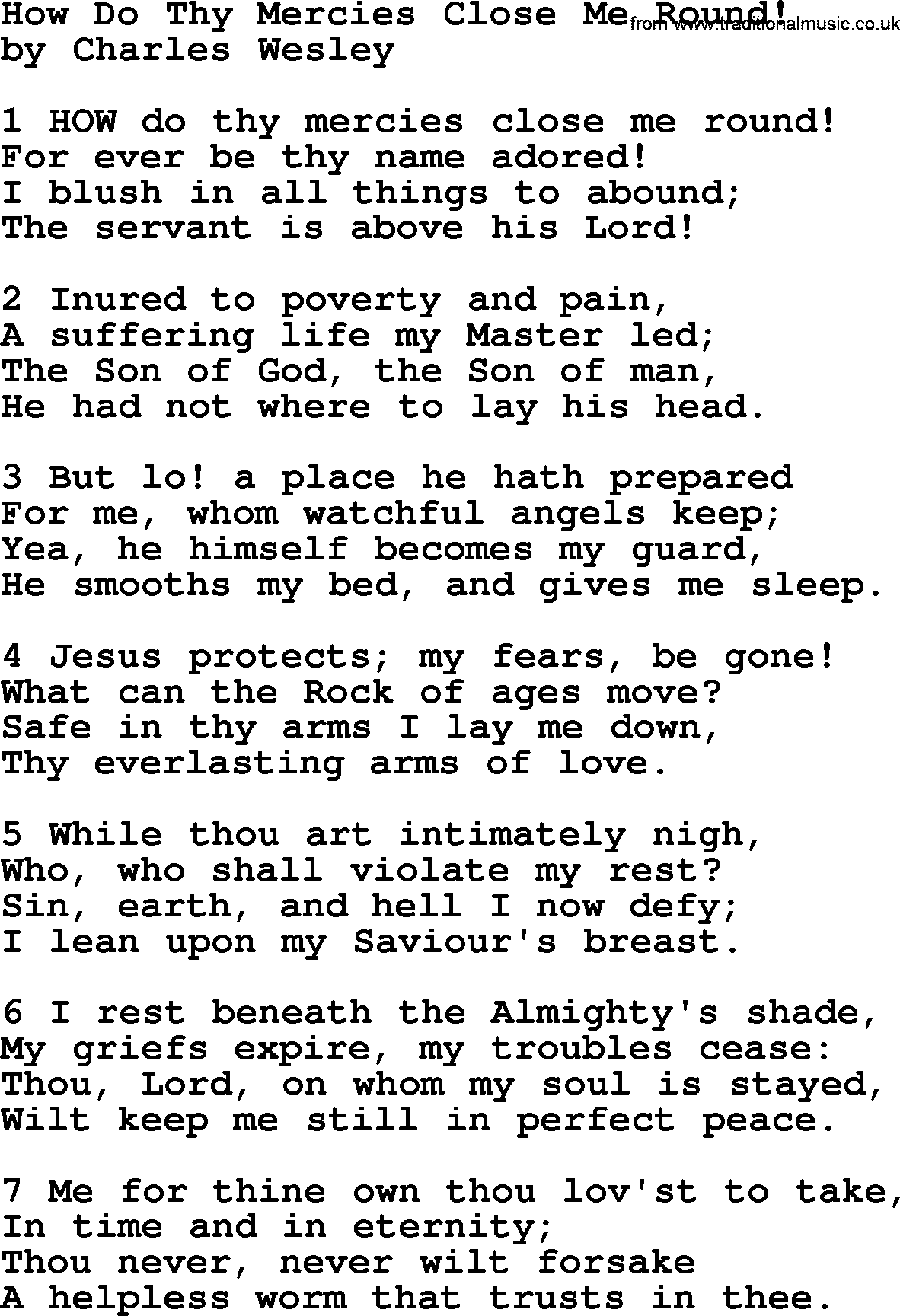 Charles Wesley hymn: How Do Thy Mercies Close Me Round!, lyrics