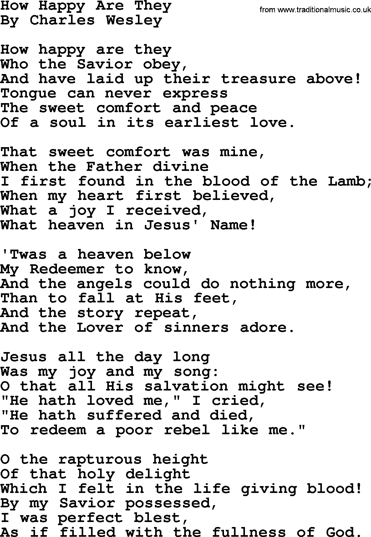 Charles Wesley hymn: How Happy Are They, lyrics