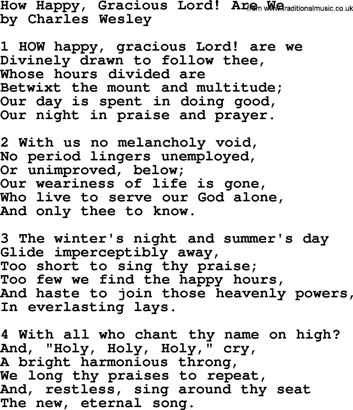Charles Wesley hymn: How Happy, Gracious Lord! Are We, lyrics