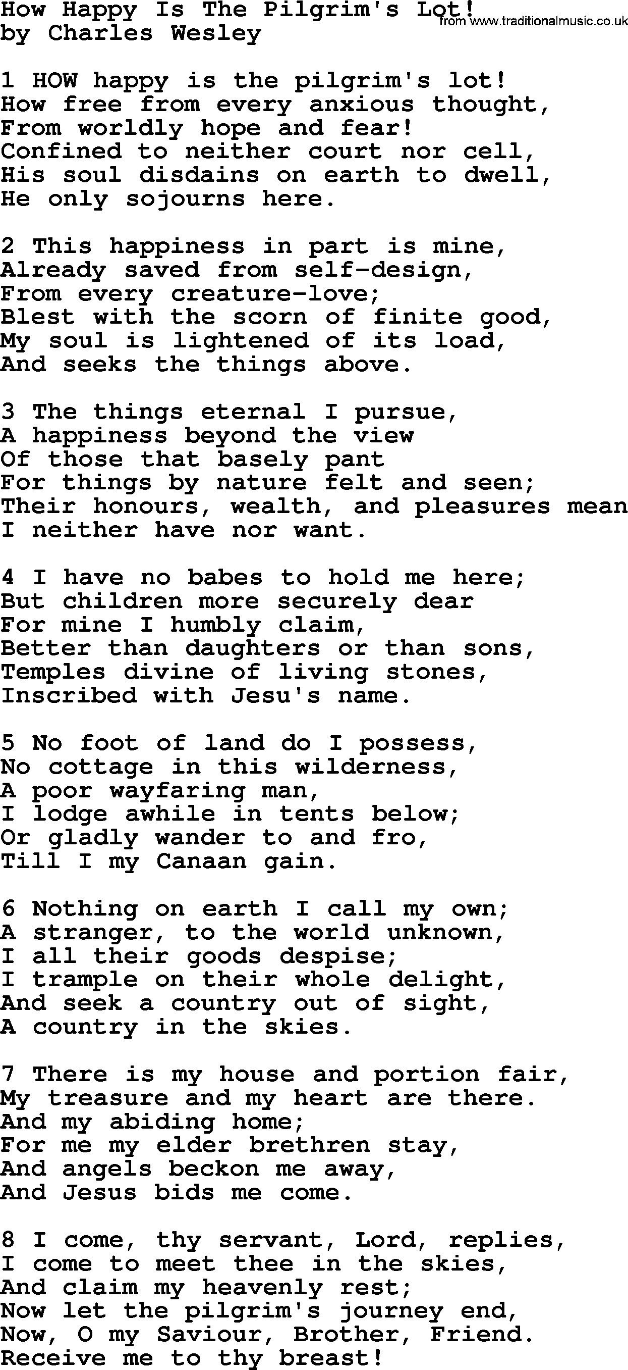 Charles Wesley hymn: How Happy Is The Pilgrim's Lot!, lyrics