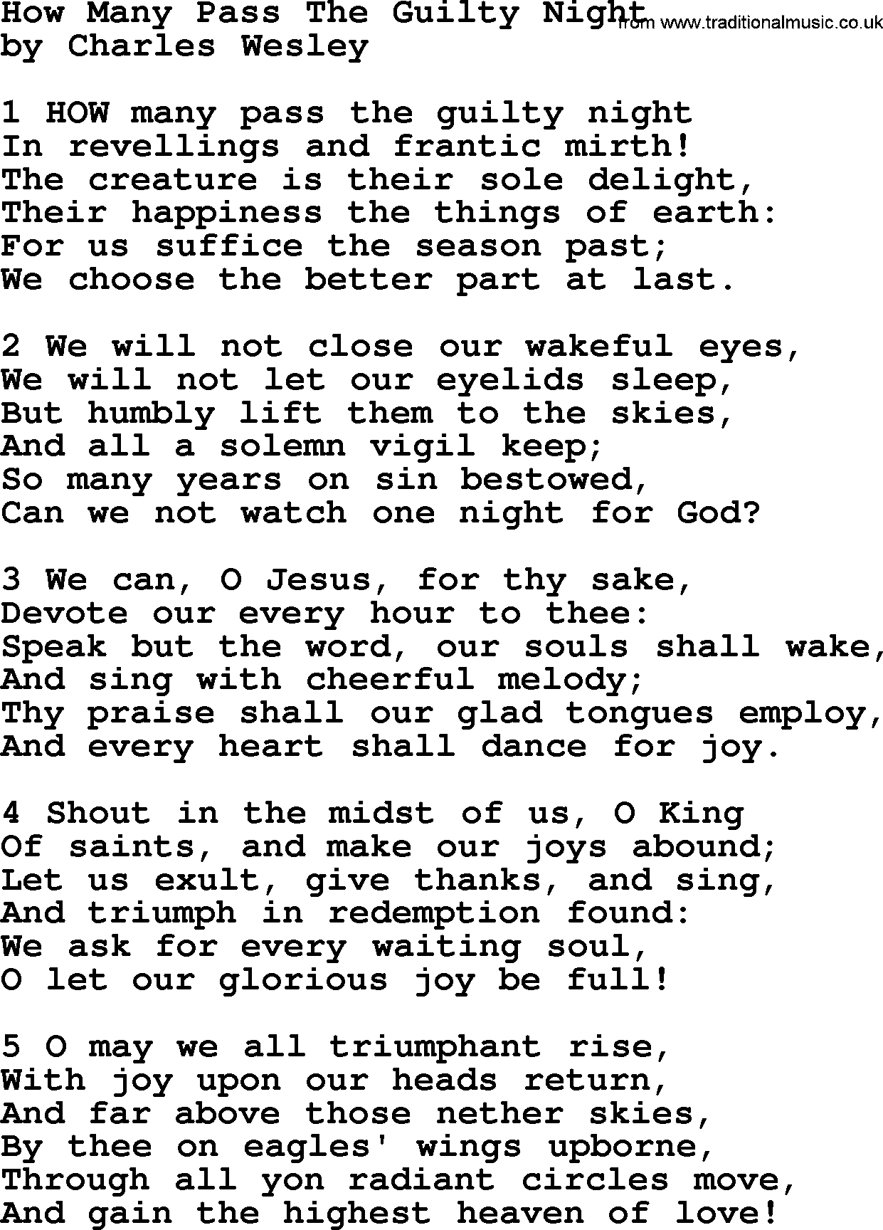 Charles Wesley hymn: How Many Pass The Guilty Night, lyrics