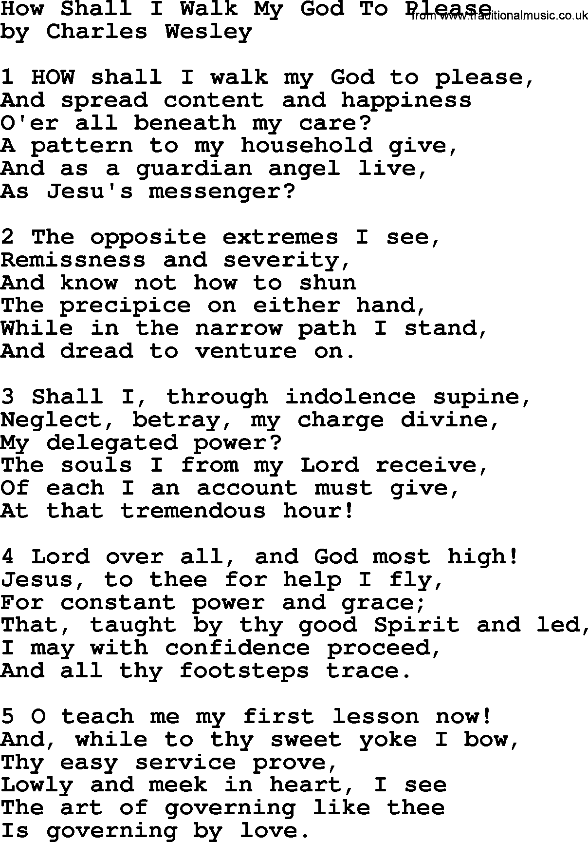 Charles Wesley hymn: How Shall I Walk My God To Please, lyrics