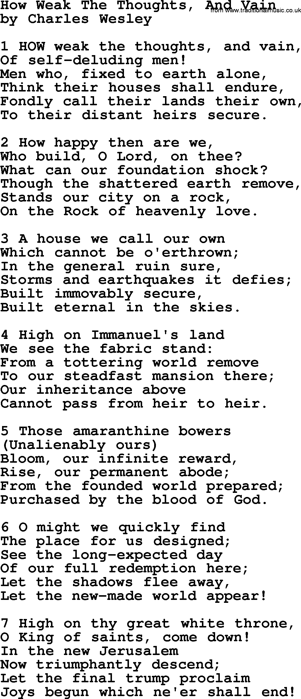 Charles Wesley hymn: How Weak The Thoughts, And Vain, lyrics