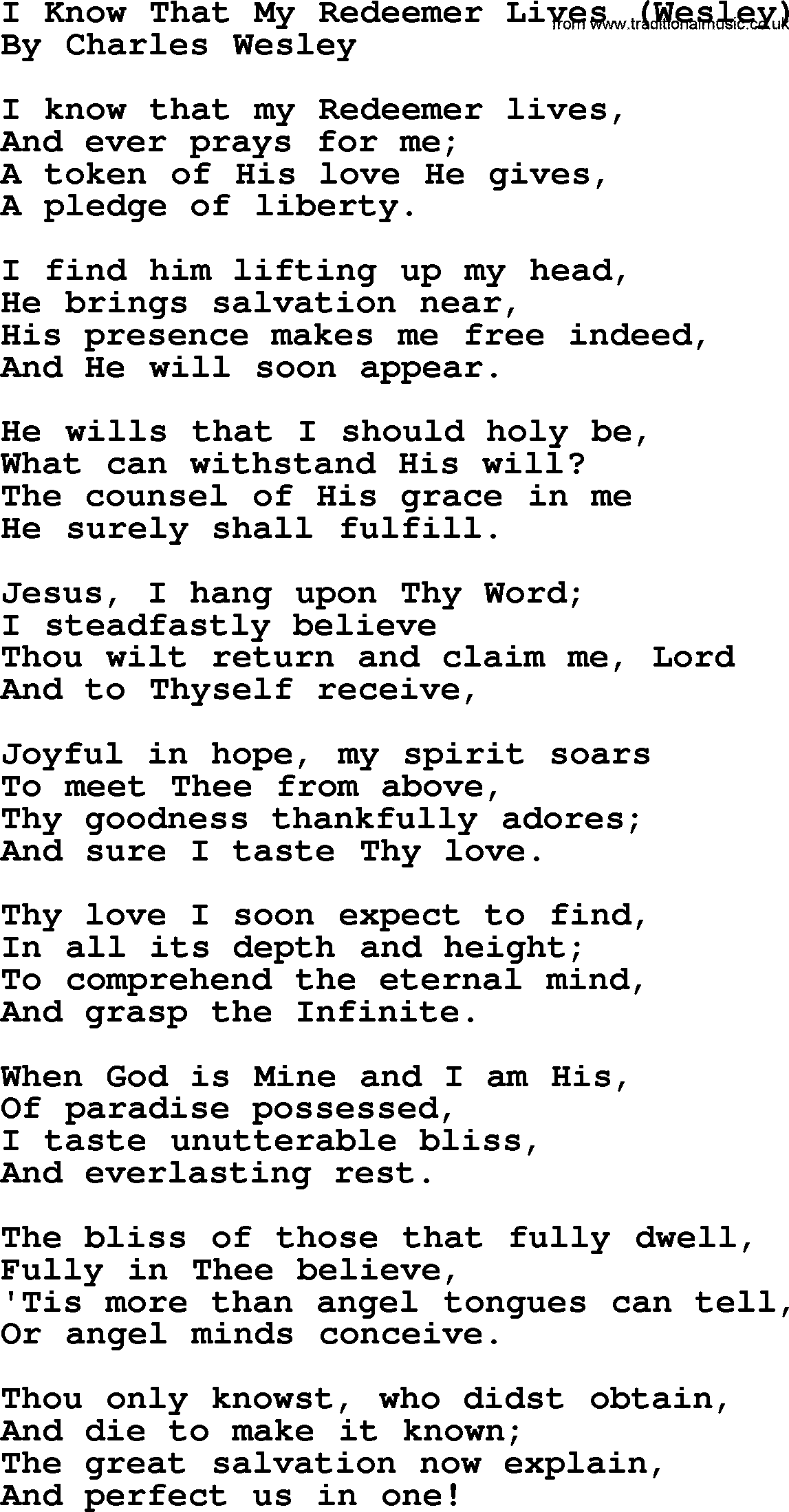 Charles Wesley hymn: I Know That My Redeemer Lives (Wesley), lyrics