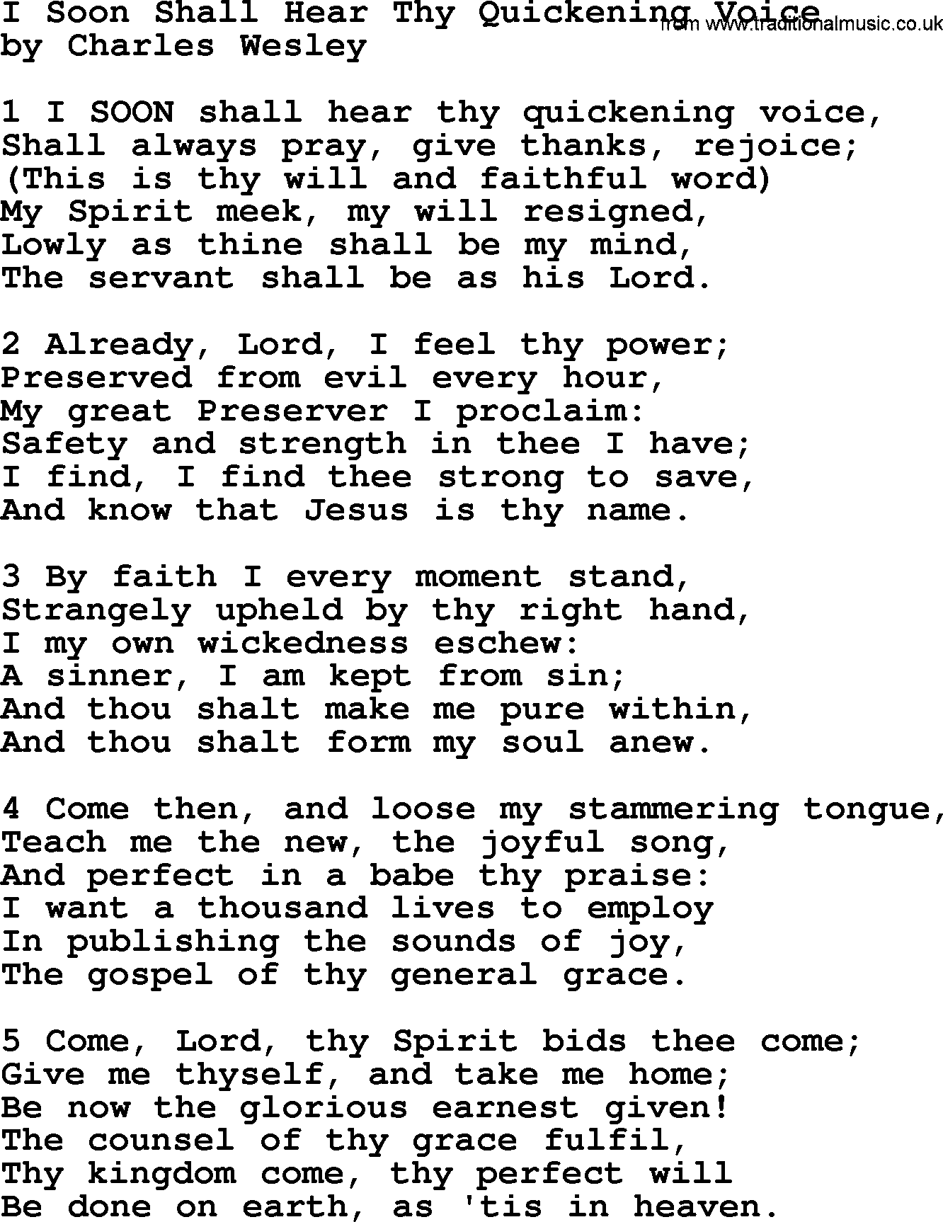 Charles Wesley hymn: I Soon Shall Hear Thy Quickening Voice, lyrics