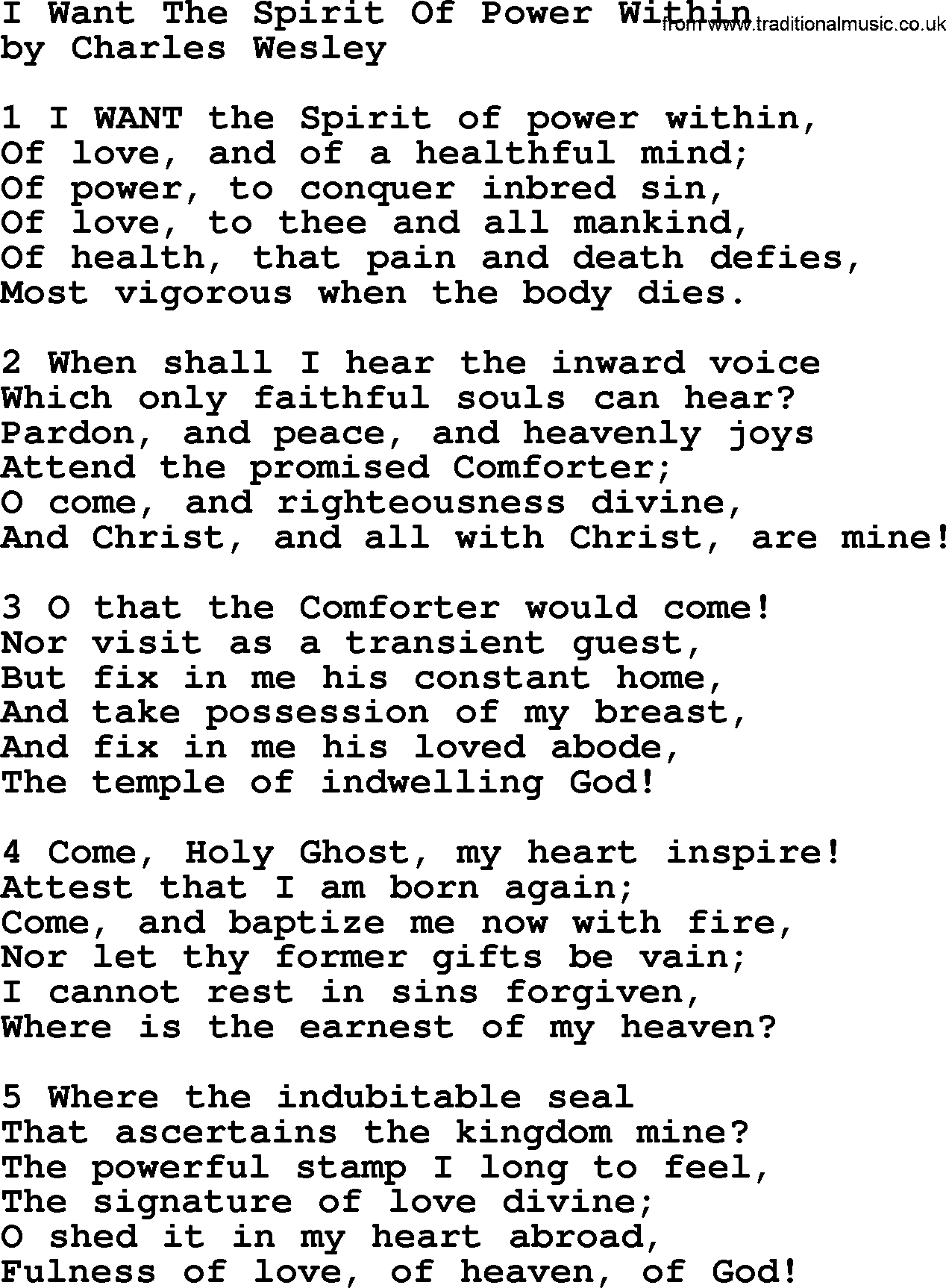 Charles Wesley hymn: I Want The Spirit Of Power Within, lyrics