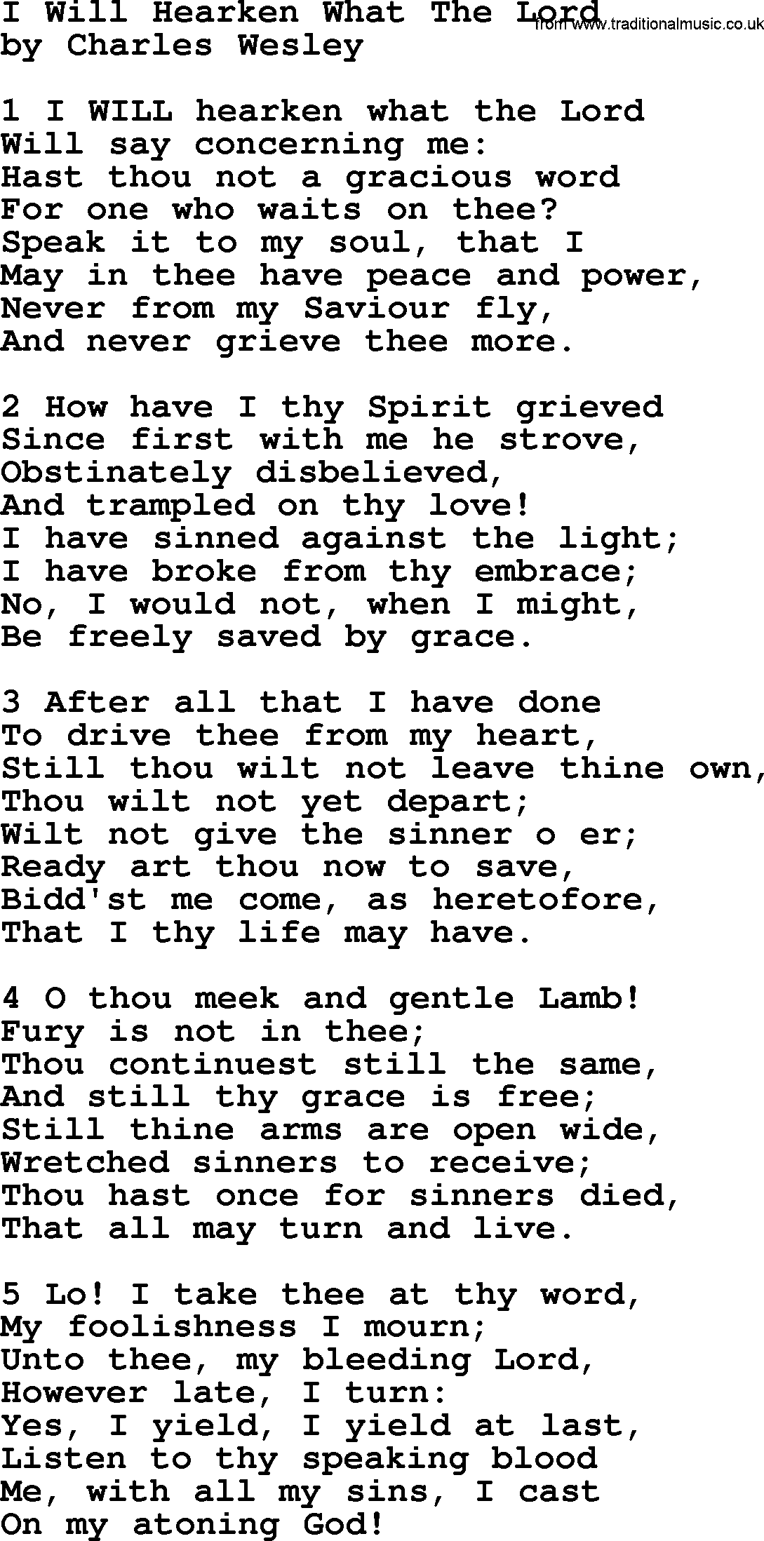 Charles Wesley hymn: I Will Hearken What The Lord, lyrics
