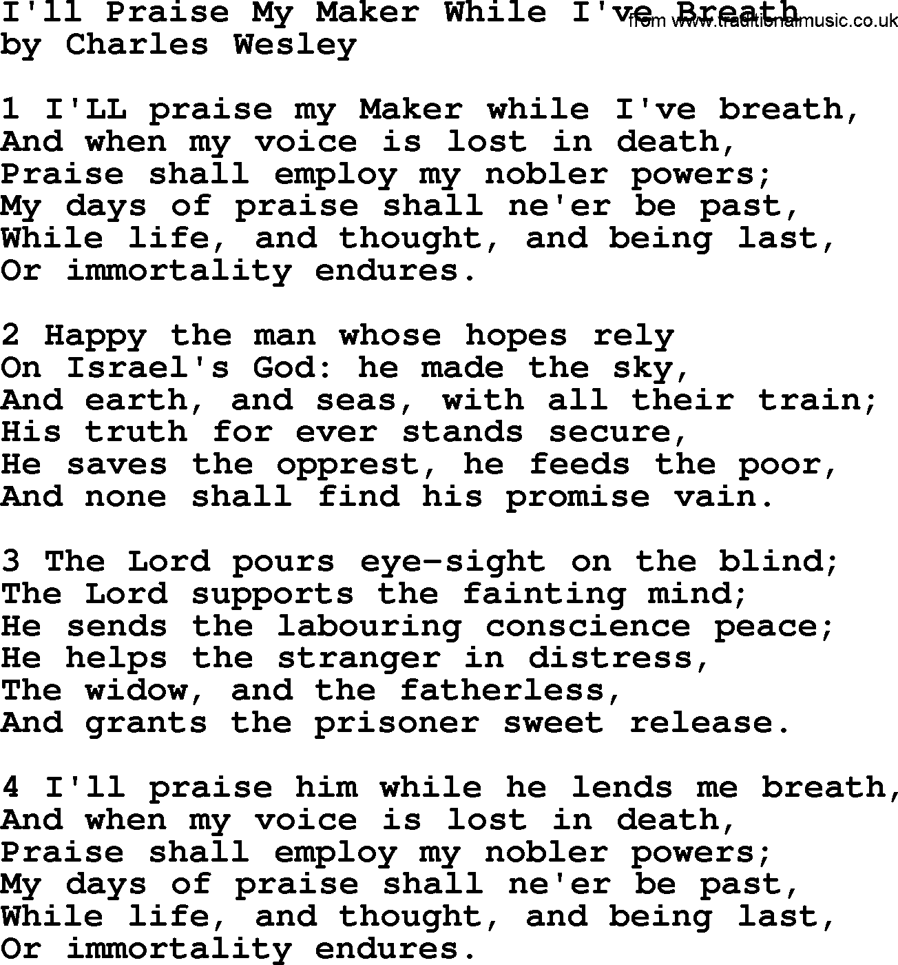 Charles Wesley hymn: I'll Praise My Maker While I've Breath, lyrics