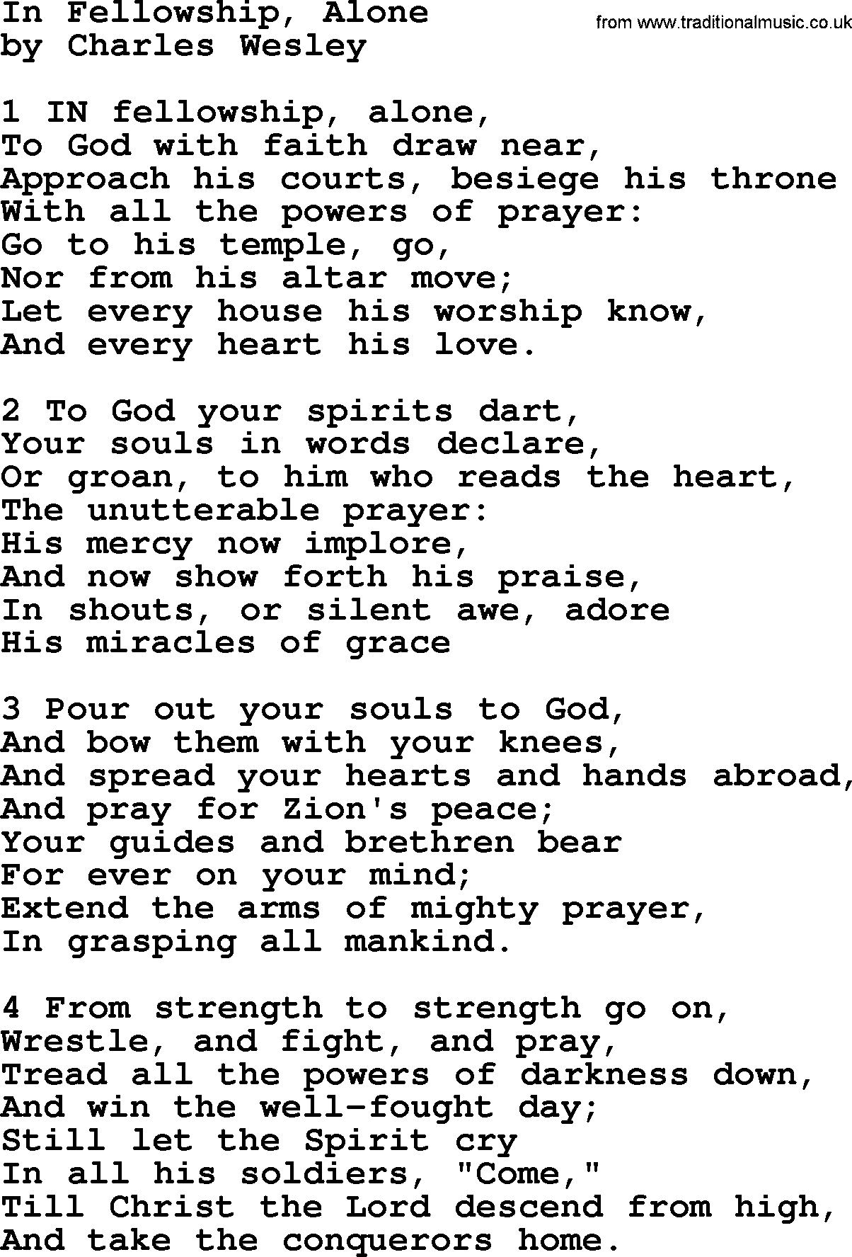 Charles Wesley hymn: In Fellowship, Alone, lyrics