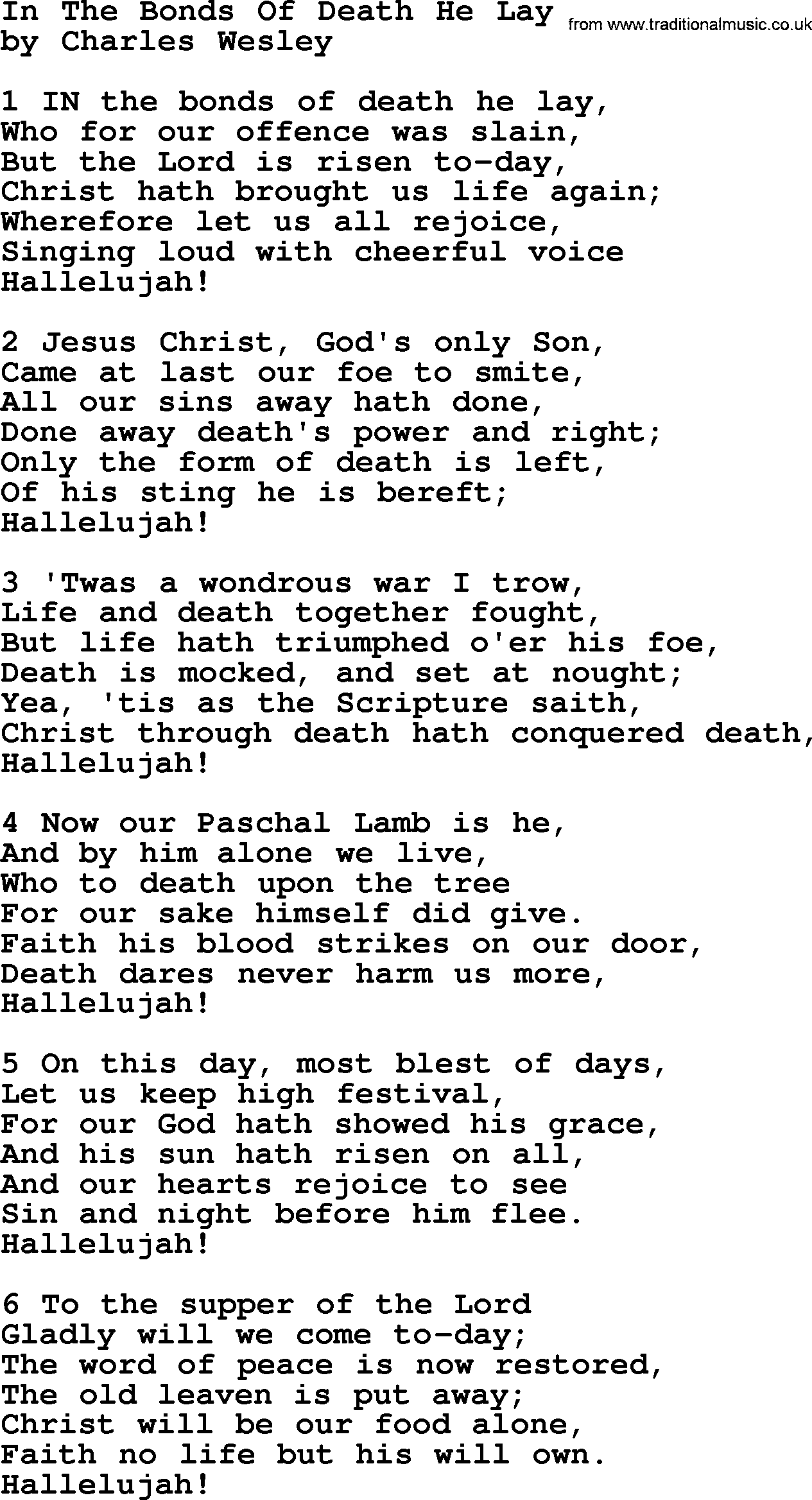 Charles Wesley hymn: In The Bonds Of Death He Lay, lyrics