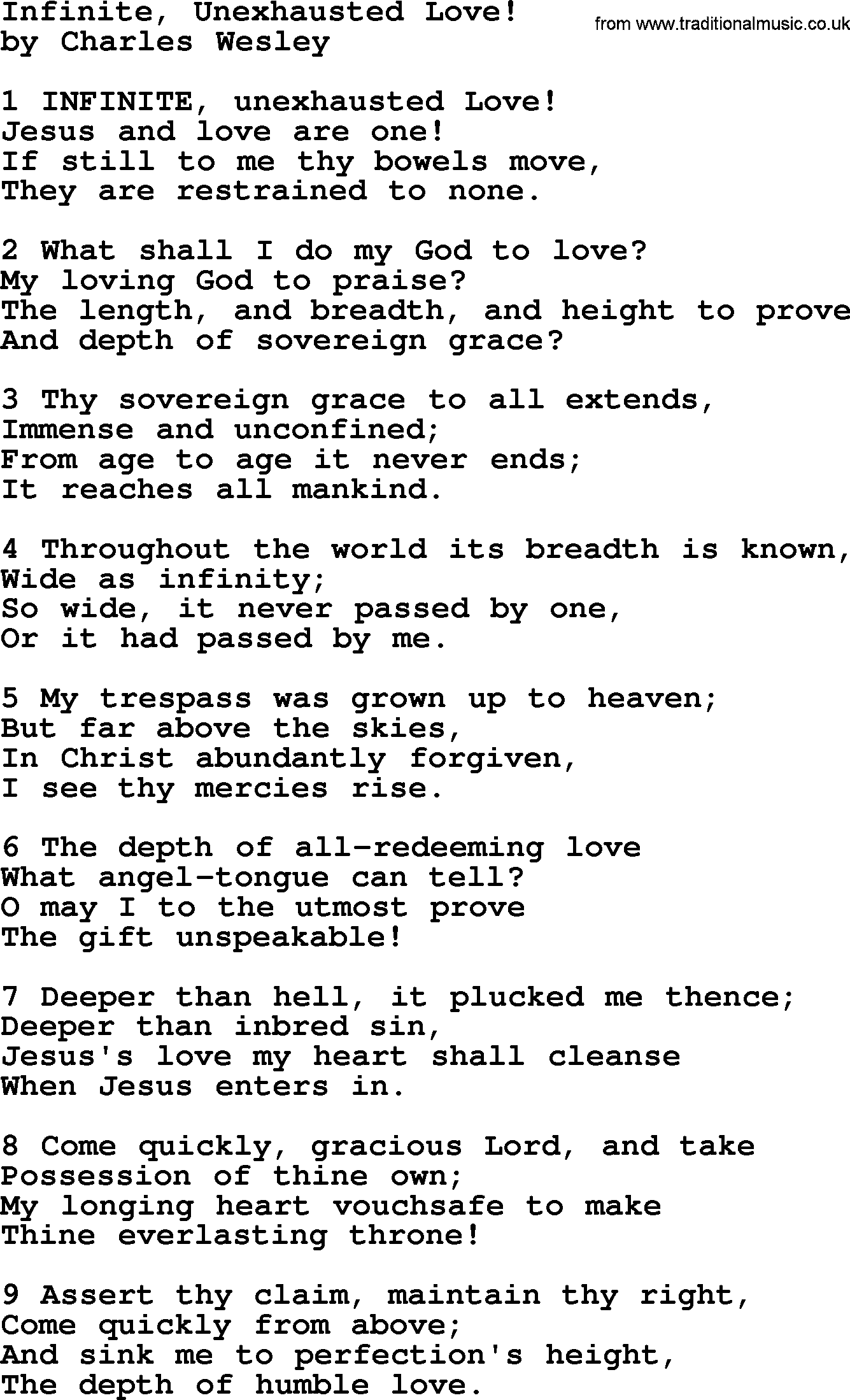 Charles Wesley hymn: Infinite, Unexhausted Love!, lyrics