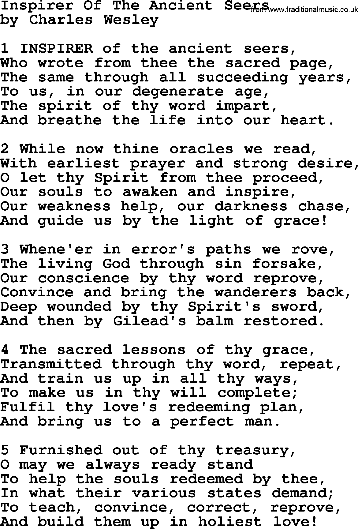Charles Wesley hymn: Inspirer Of The Ancient Seers, lyrics