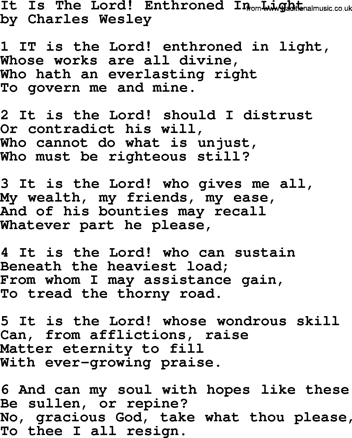 Charles Wesley hymn: It Is The Lord! Enthroned In Light, lyrics
