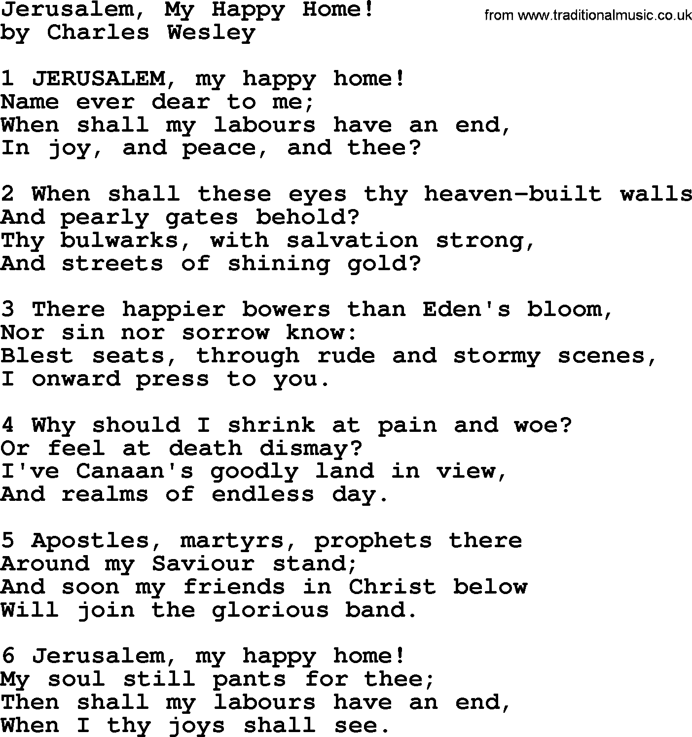 Charles Wesley hymn: Jerusalem, My Happy Home!, lyrics