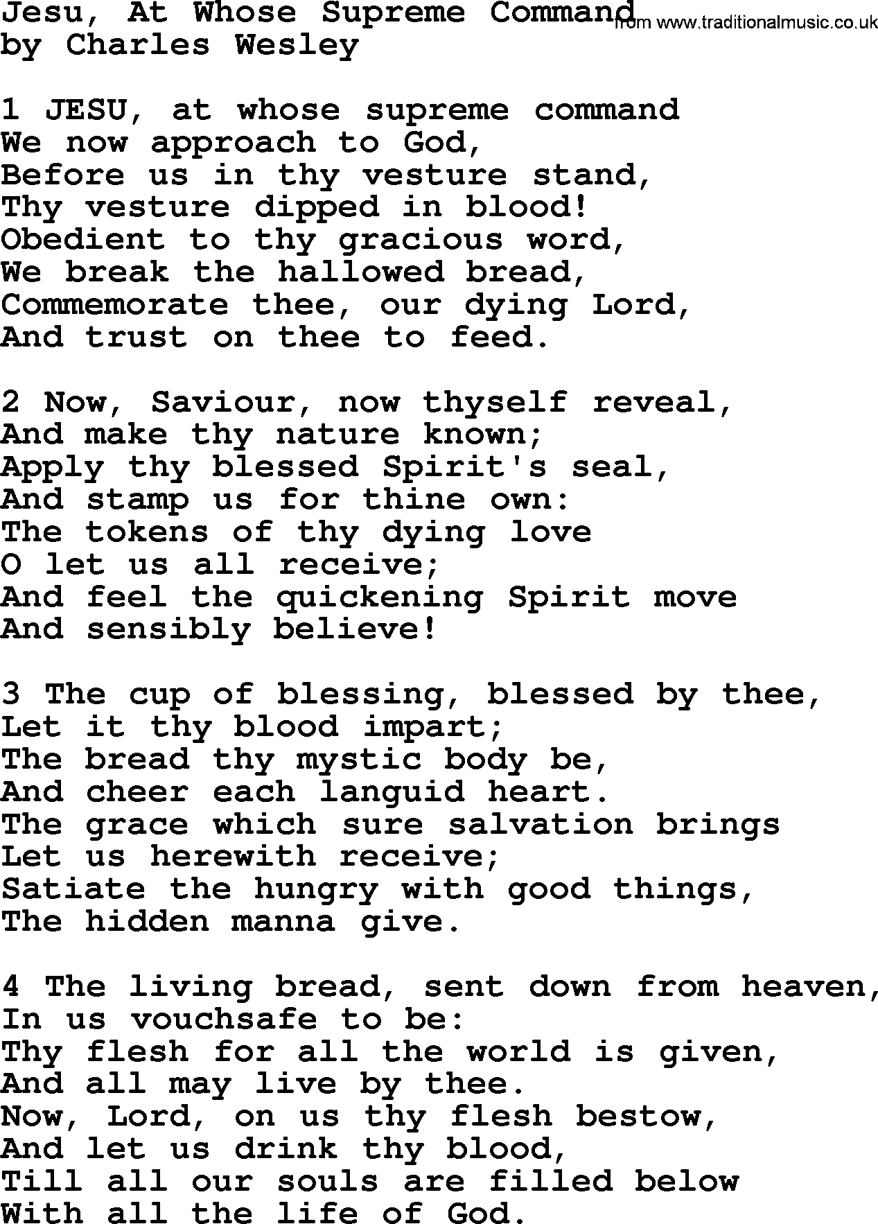 Charles Wesley hymn: Jesu, At Whose Supreme Command, lyrics