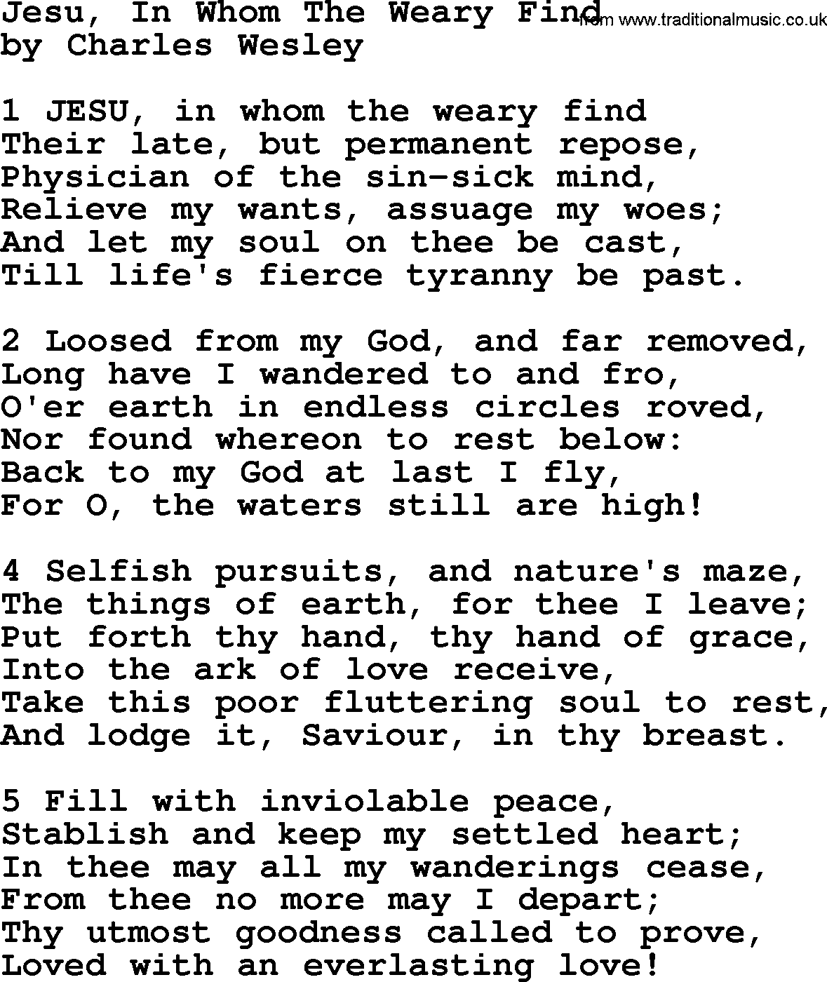 Charles Wesley hymn: Jesu, In Whom The Weary Find, lyrics