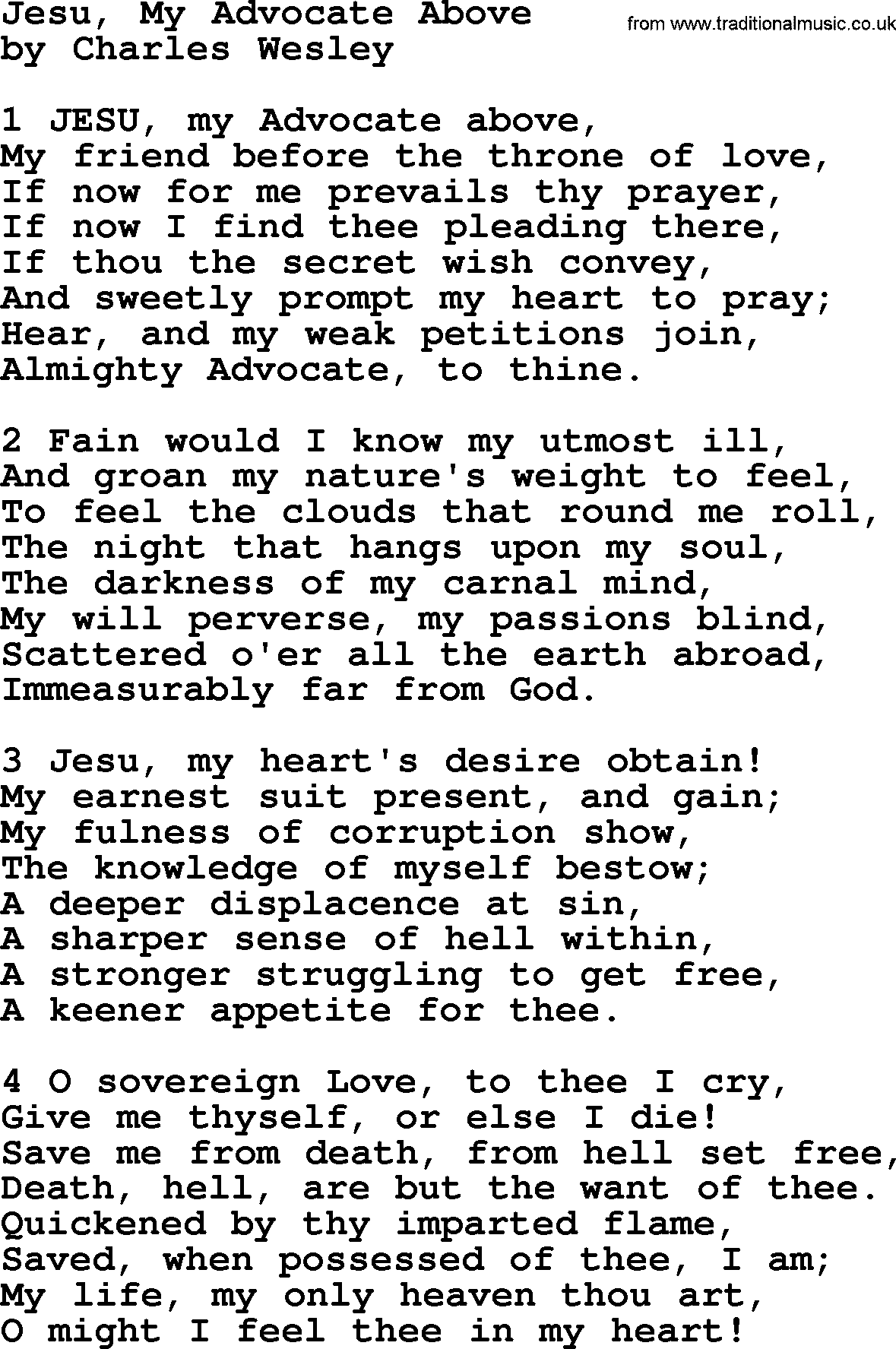 Charles Wesley hymn: Jesu, My Advocate Above, lyrics