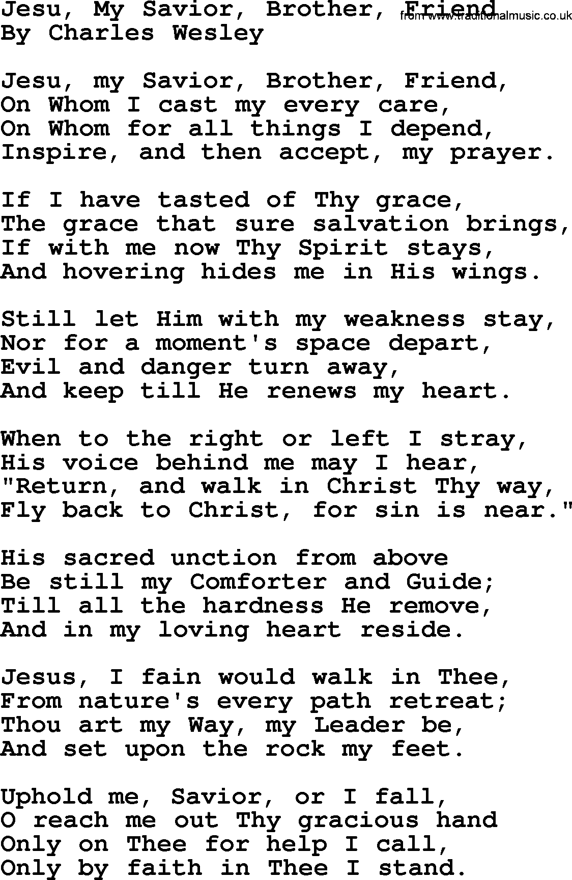 Charles Wesley hymn: Jesu, My Savior, Brother, Friend, lyrics