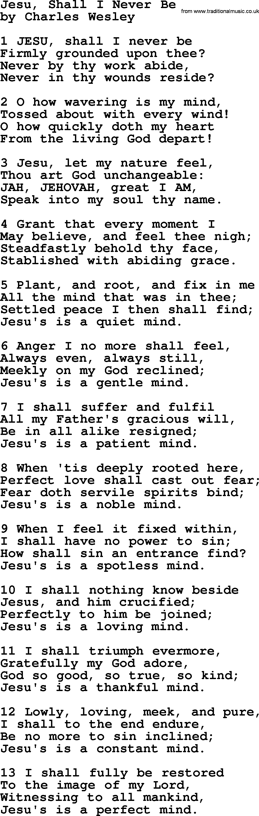 Charles Wesley hymn: Jesu, Shall I Never Be, lyrics