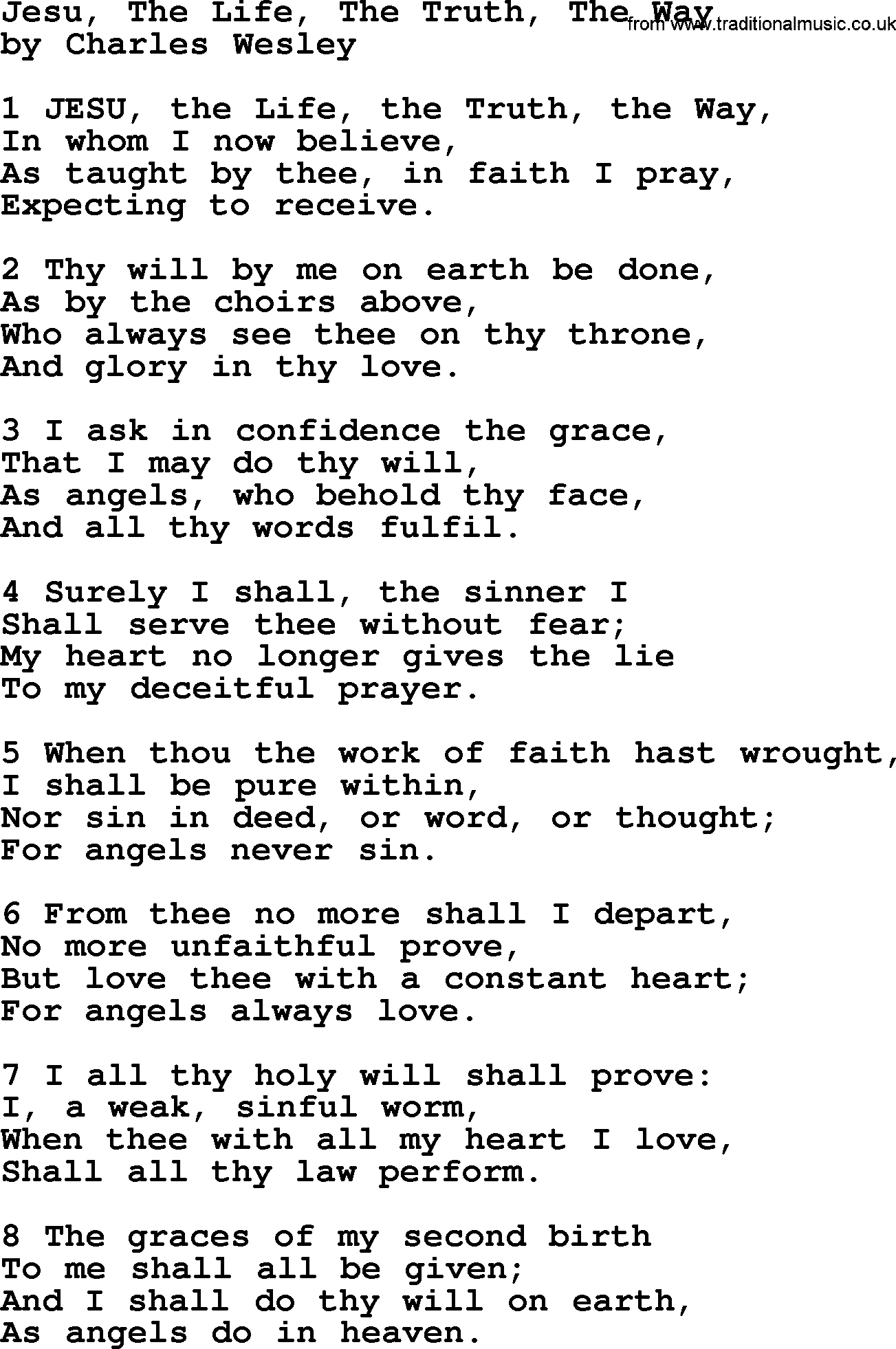 Charles Wesley hymn: Jesu, The Life, The Truth, The Way, lyrics