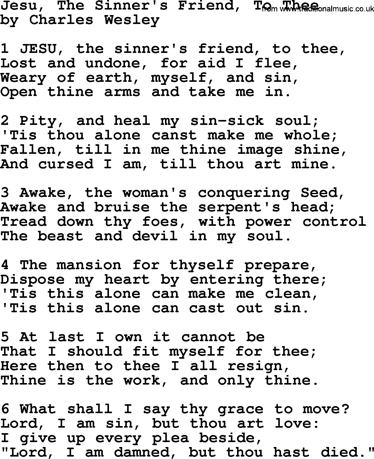 Charles Wesley hymn: Jesu, The Sinner's Friend, To Thee, lyrics