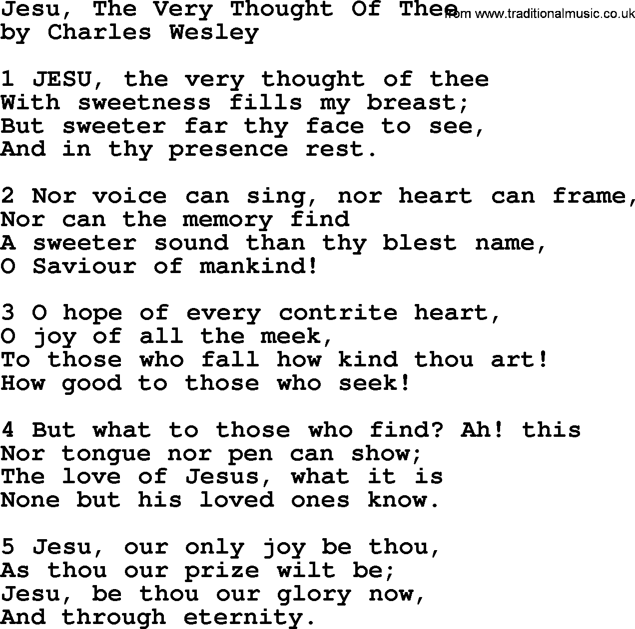 Charles Wesley hymn: Jesu, The Very Thought Of Thee, lyrics