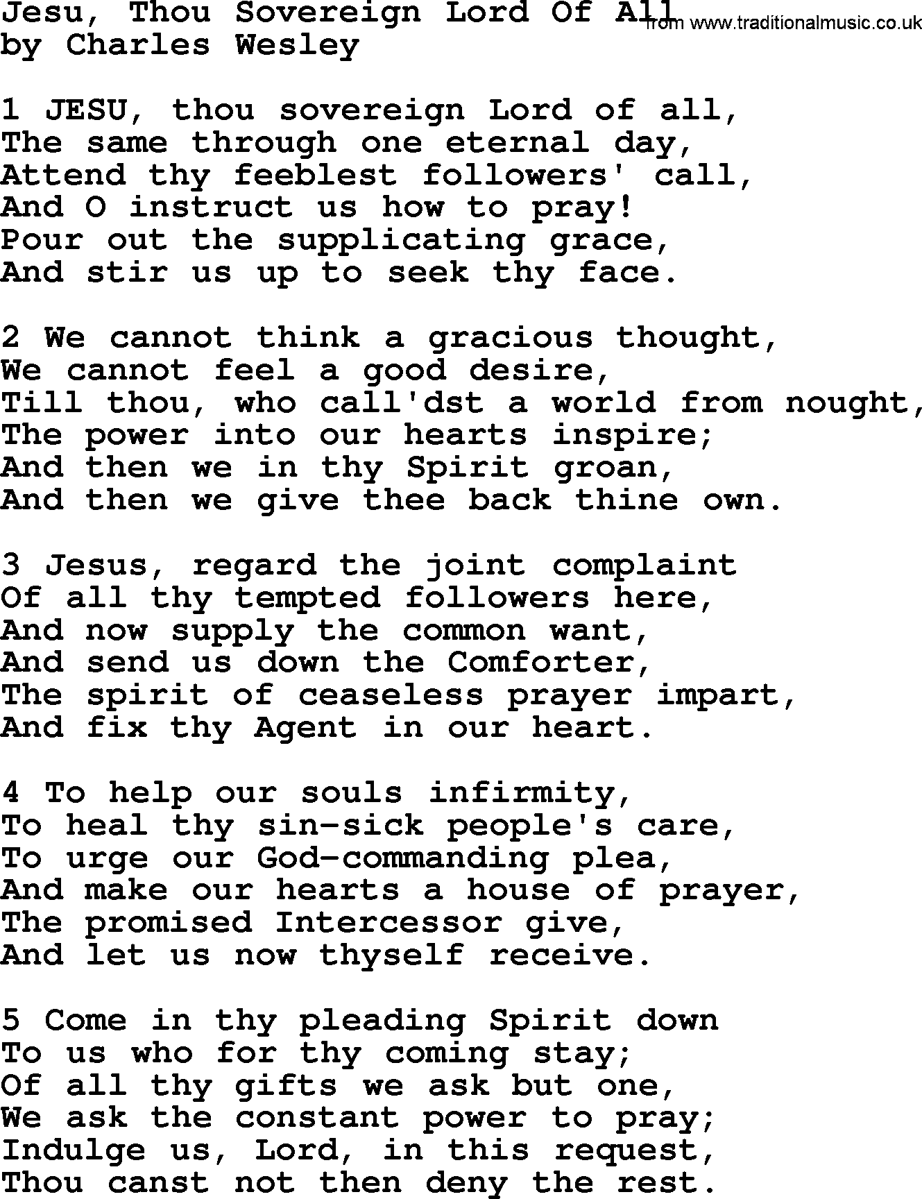 Charles Wesley hymn: Jesu, Thou Sovereign Lord Of All, lyrics
