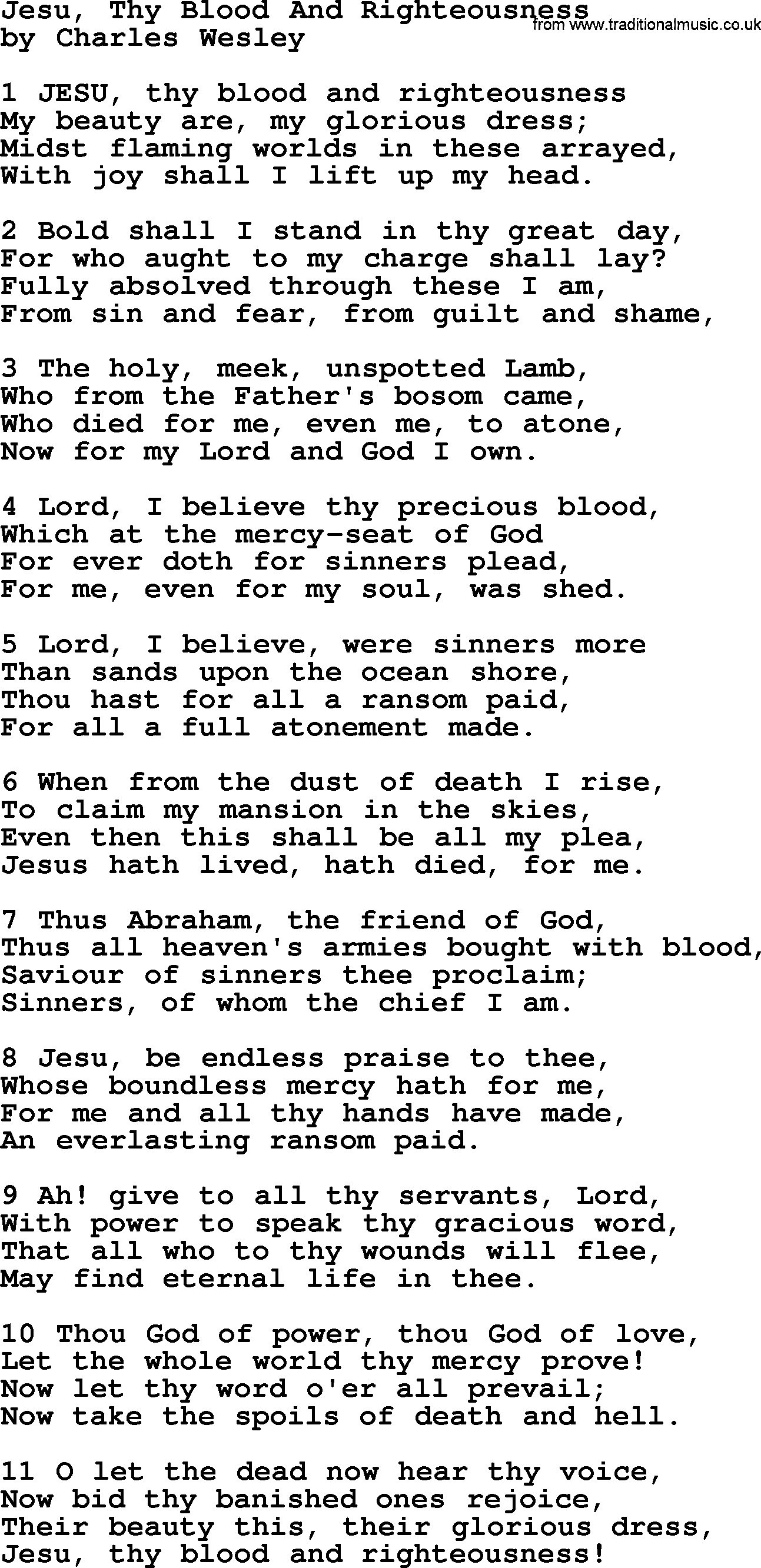 Charles Wesley hymn: Jesu, Thy Blood And Righteousness, lyrics