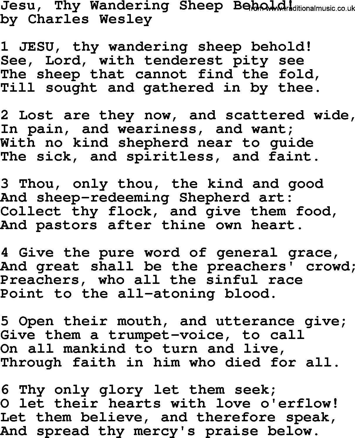 Charles Wesley hymn: Jesu, Thy Wandering Sheep Behold!, lyrics