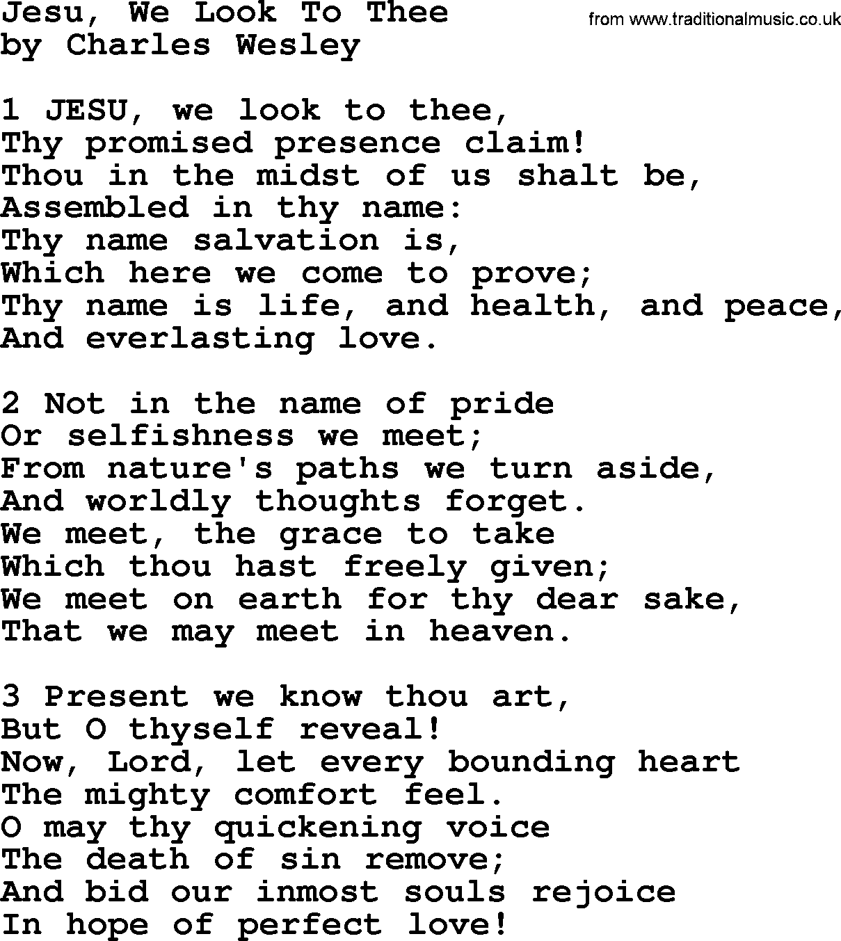 Charles Wesley hymn: Jesu, We Look To Thee, lyrics