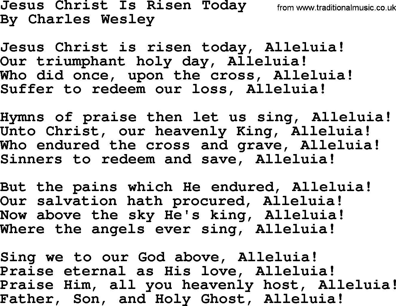 Charles Wesley hymn: Jesus Christ Is Risen Today, lyrics