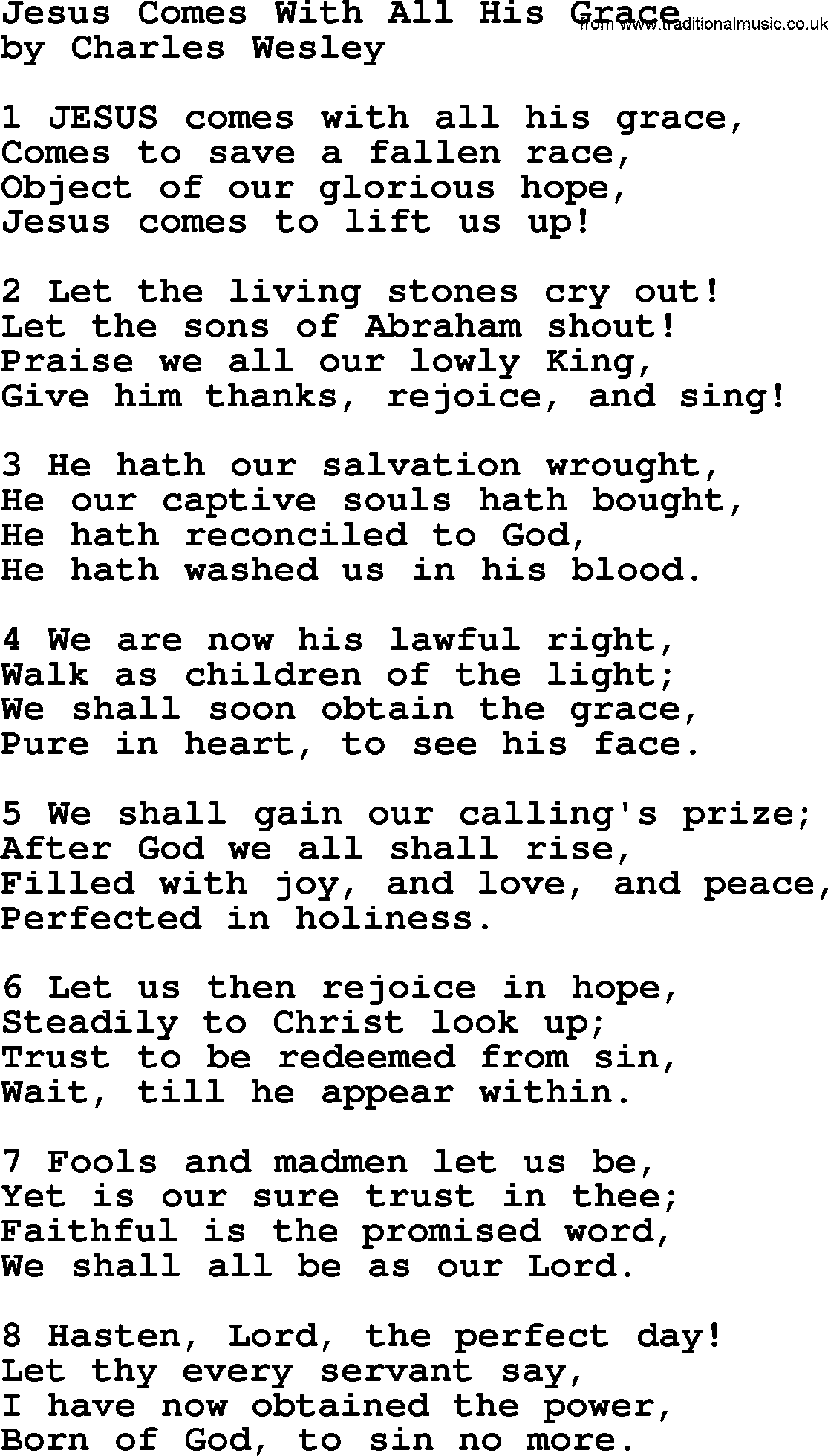 Charles Wesley hymn: Jesus Comes With All His Grace, lyrics