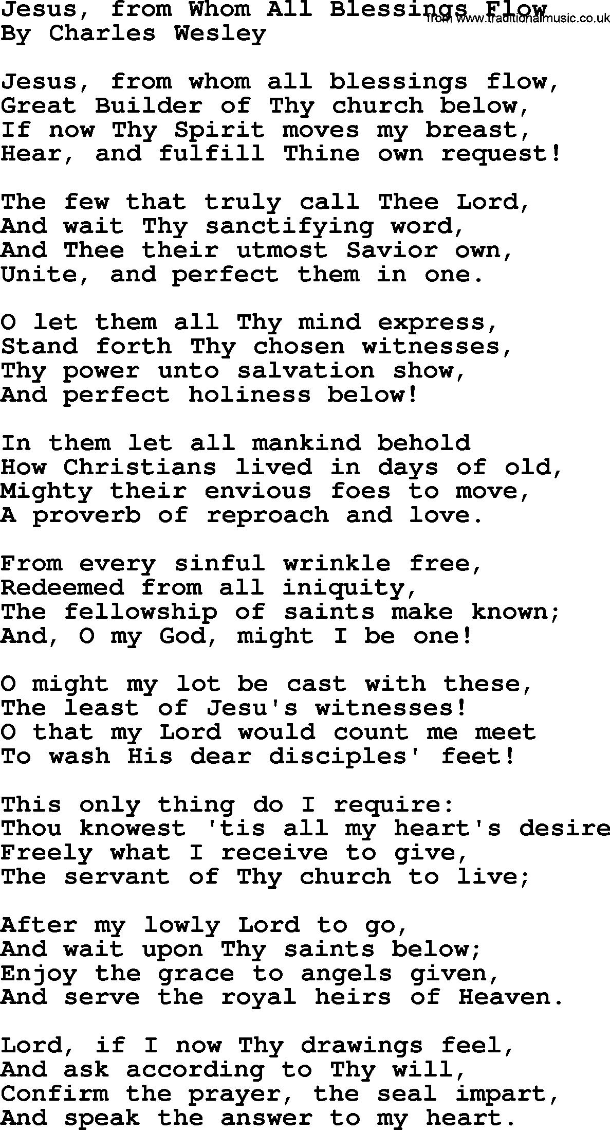 Charles Wesley hymn: Jesus, From Whom All Blessings Flow, lyrics