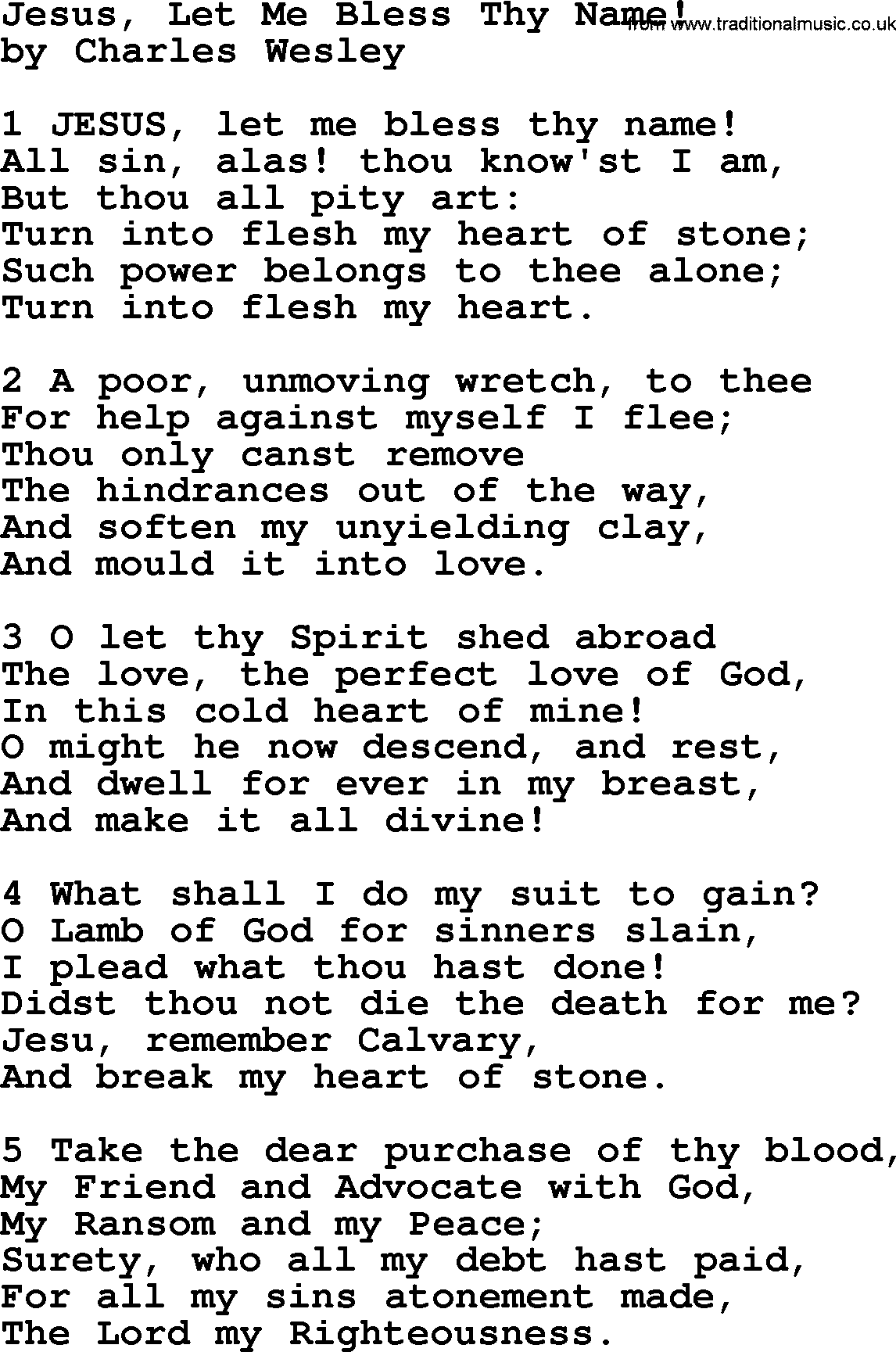 Charles Wesley hymn: Jesus, Let Me Bless Thy Name!, lyrics
