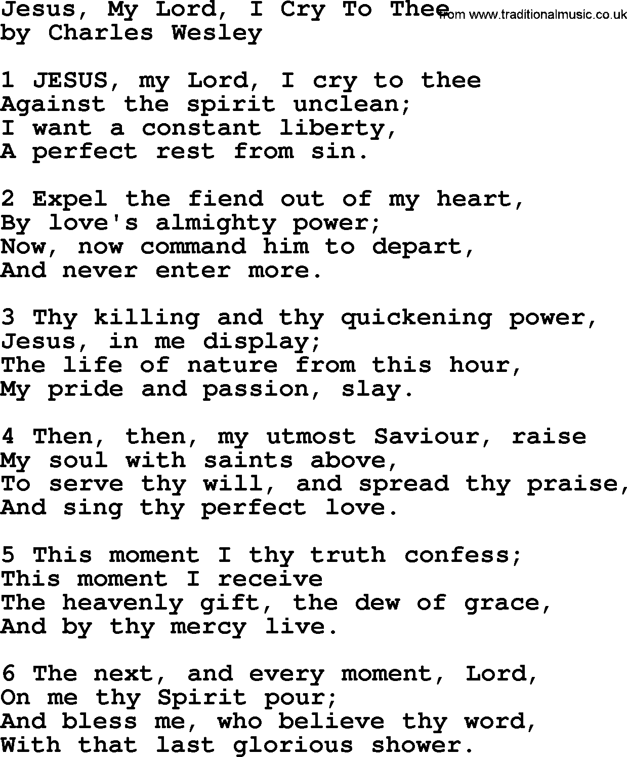 Charles Wesley hymn: Jesus, My Lord, I Cry To Thee, lyrics