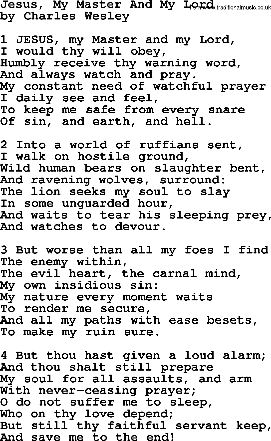 Charles Wesley hymn: Jesus, My Master And My Lord, lyrics
