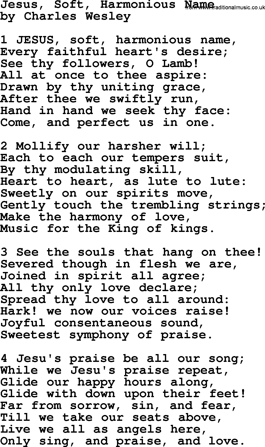 Charles Wesley hymn: Jesus, Soft, Harmonious Name, lyrics