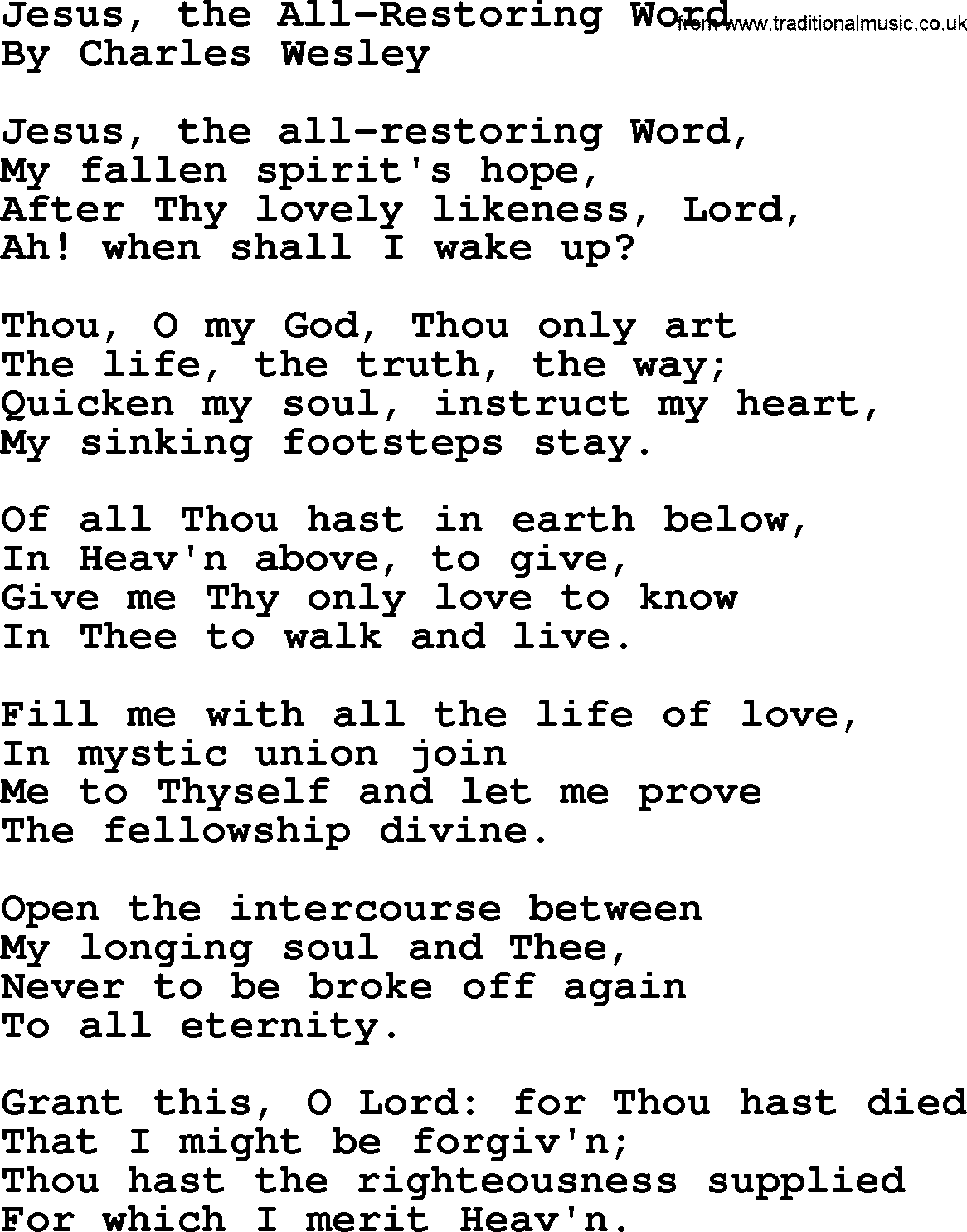 Charles Wesley hymn: Jesus, The All-Restoring Word, lyrics