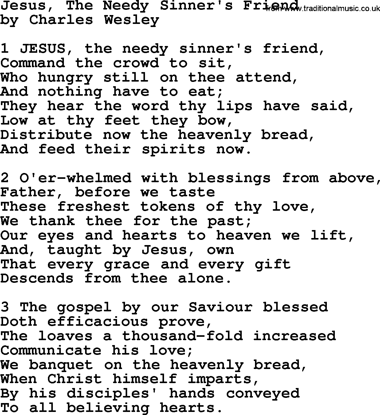 Charles Wesley hymn: Jesus, The Needy Sinner's Friend, lyrics