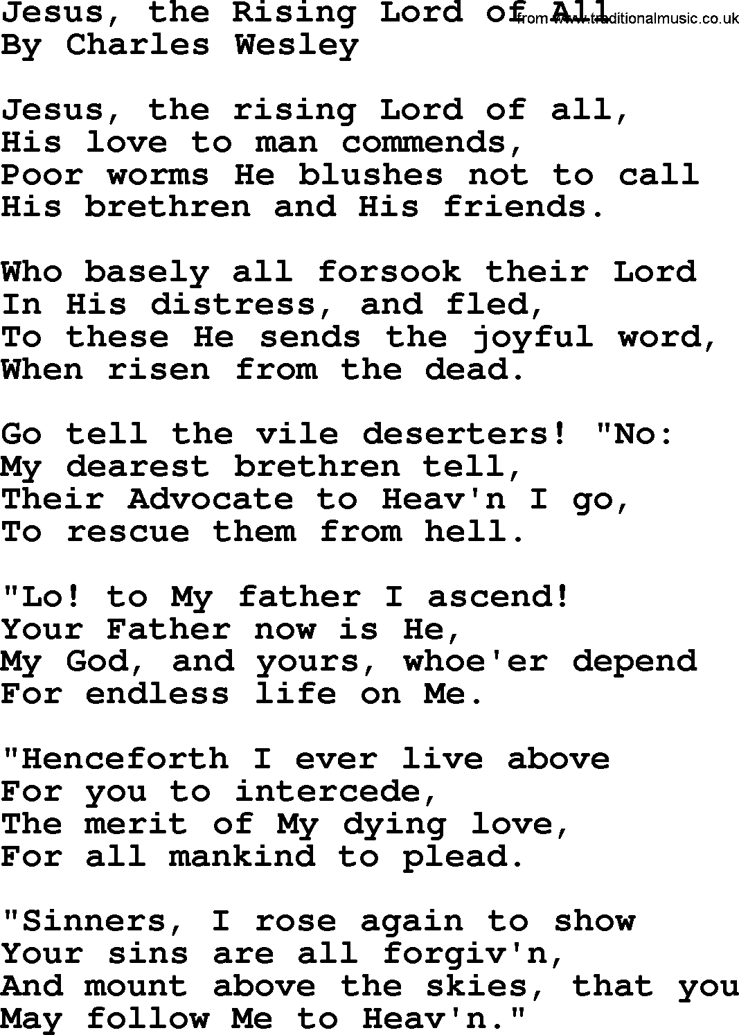 Charles Wesley hymn: Jesus, the Rising Lord of All, lyrics