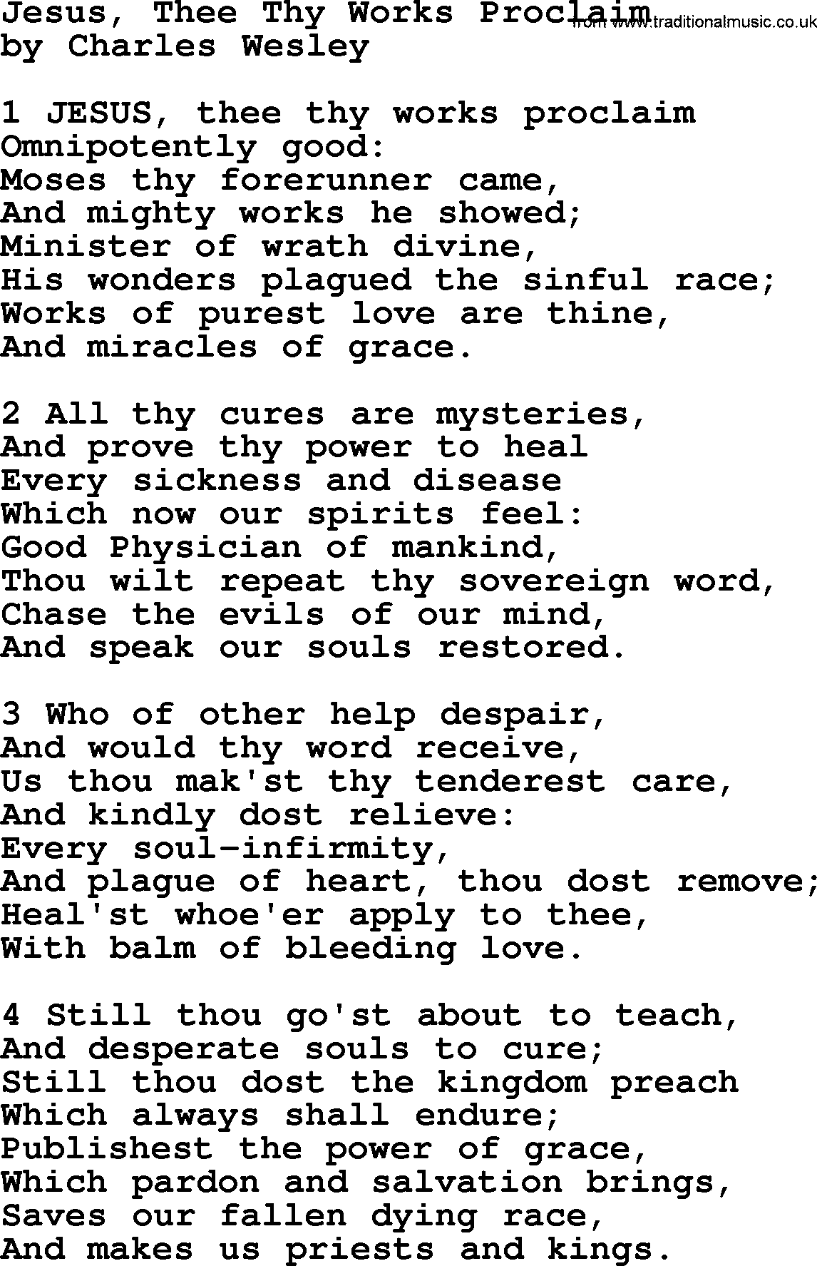 Charles Wesley hymn: Jesus, Thee Thy Works Proclaim, lyrics