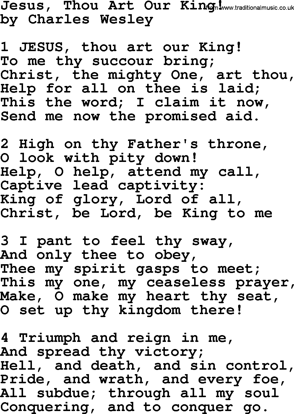Charles Wesley hymn: Jesus, Thou Art Our King!, lyrics